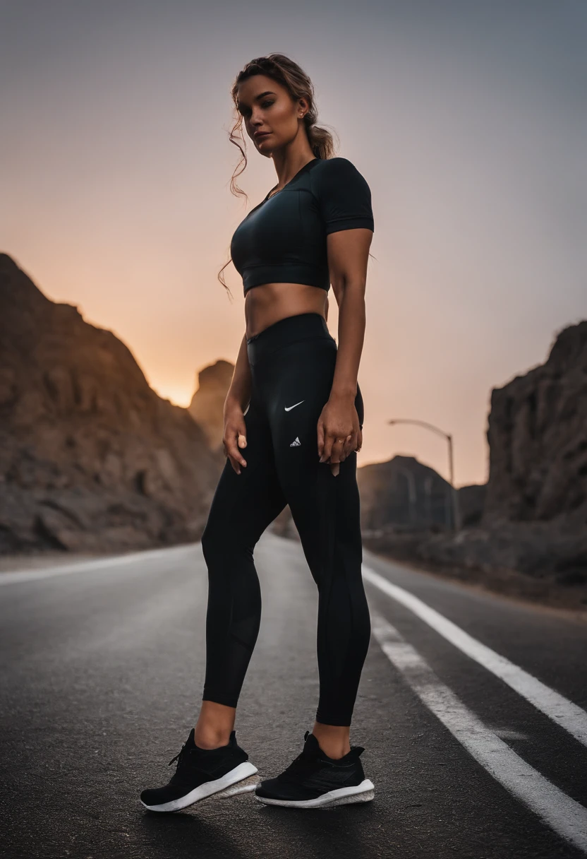 Only the background can be seen,A half body,femele,Athlete body type,Short-sleeved trackwear,Walking on the road background,Black tones,Film light and shadow,k hd