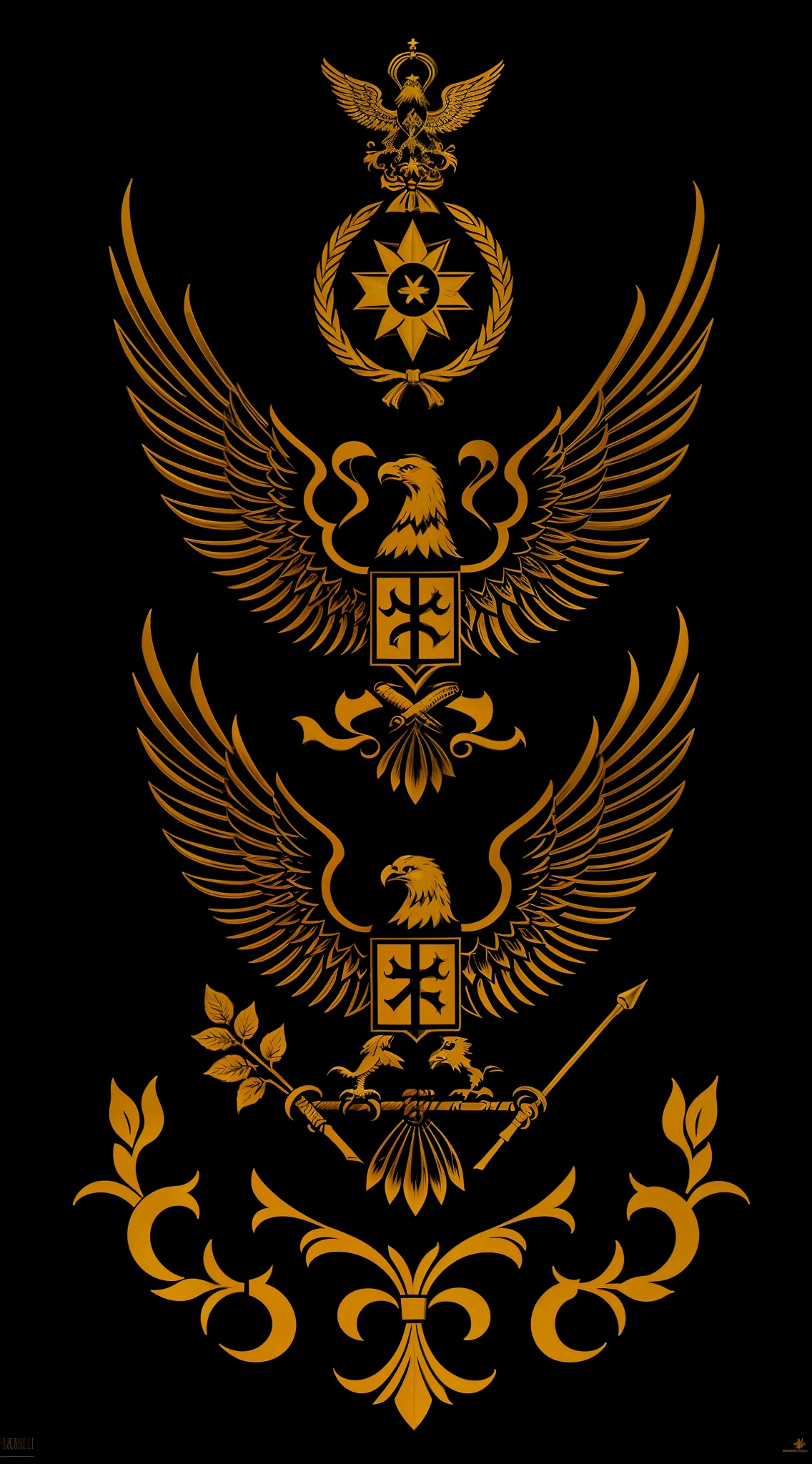 (((Black background)))、Close up of a golden eagle, Russian National Guard, inspired by Vladimir Borovikovsky, Royal insignia on the background, Inspired by Alexander Gerasimov, military insignia, insignia, Shogun, in style of kyrill kotashev, military police, Symbols of Orthodox dieselpunk, Imperial Russia