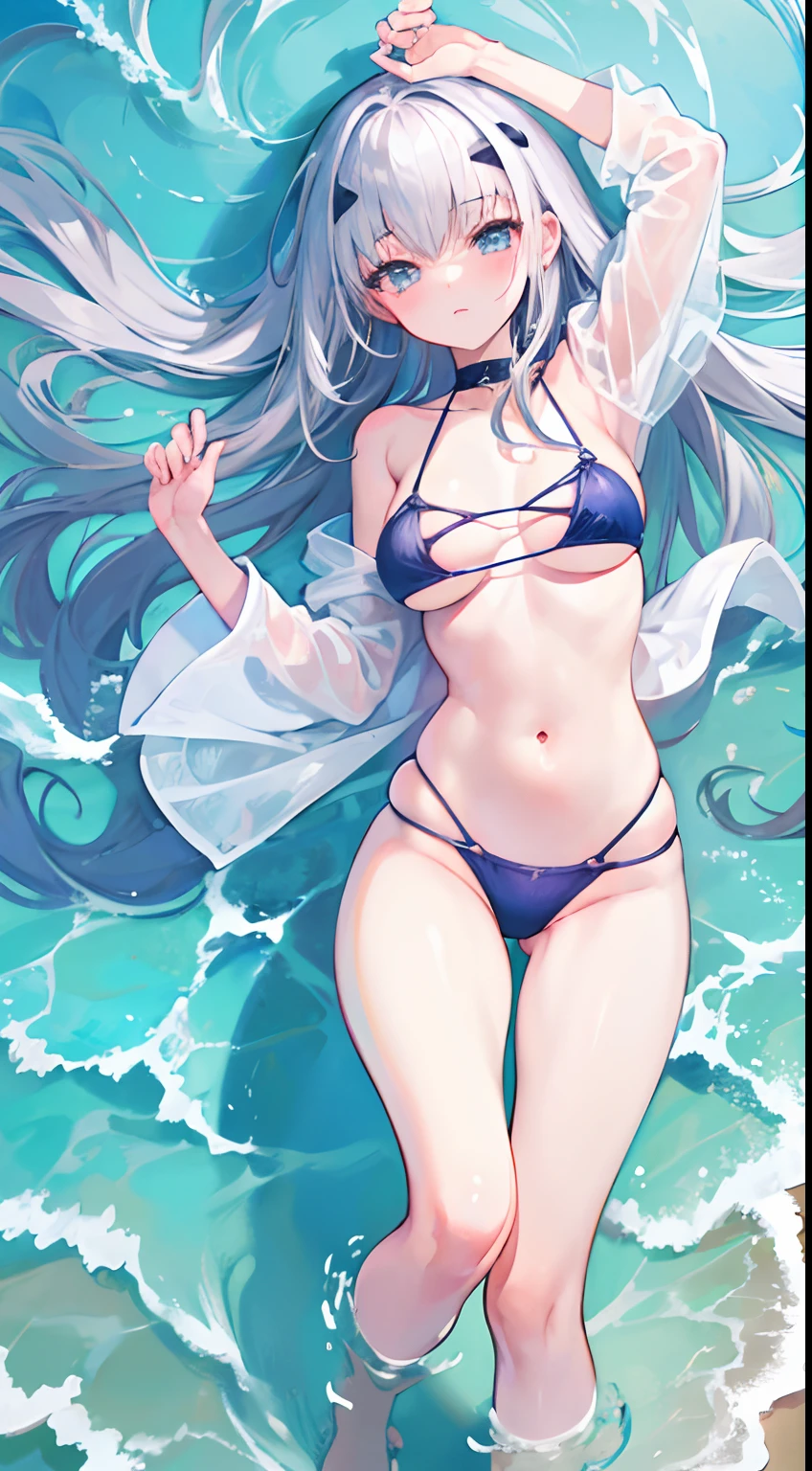 Masterpiece, top quality,1 girl, anime girl Wearing a wet bikini, silver hair , Beach as background , super detail, 4k wallpaper , lying in the sea