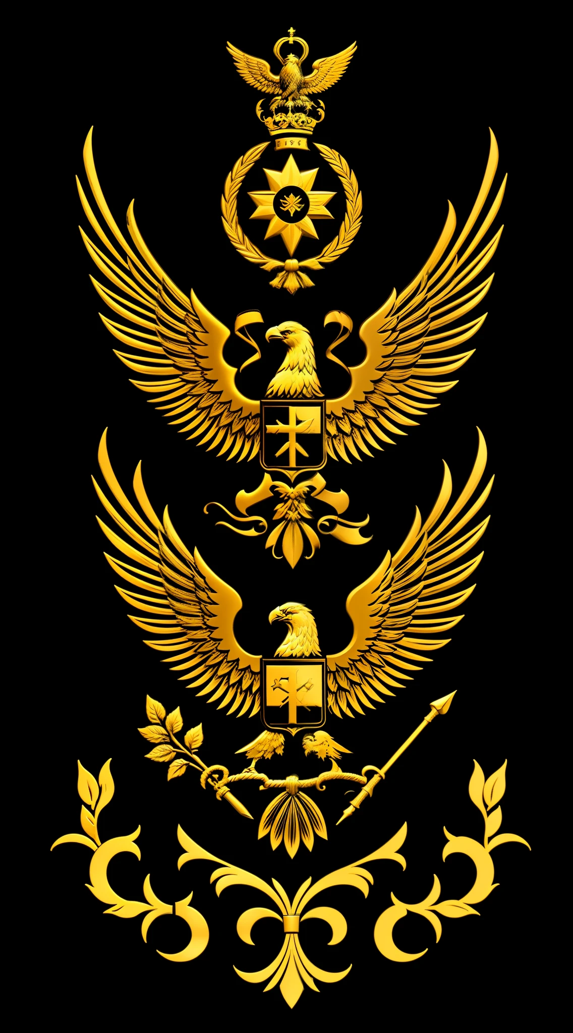 (((Black background)))、Close up of a golden eagle, Russian National Guard, inspired by Vladimir Borovikovsky, Royal insignia on the background, Inspired by Alexander Gerasimov, military insignia, insignia, Shogun, in style of kyrill kotashev, military police, Symbols of Orthodox dieselpunk, Imperial Russia