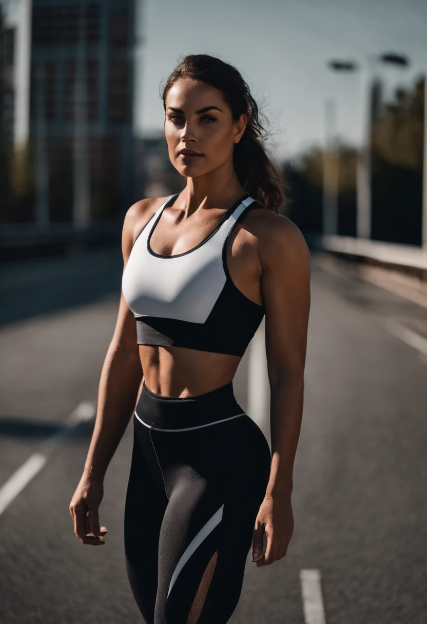 Only the background can be seen,The face is not visible,A half body,femele,Athlete body type,Short-sleeved trackwear,Walking on the road background,Black tones,Film light and shadow,k hd