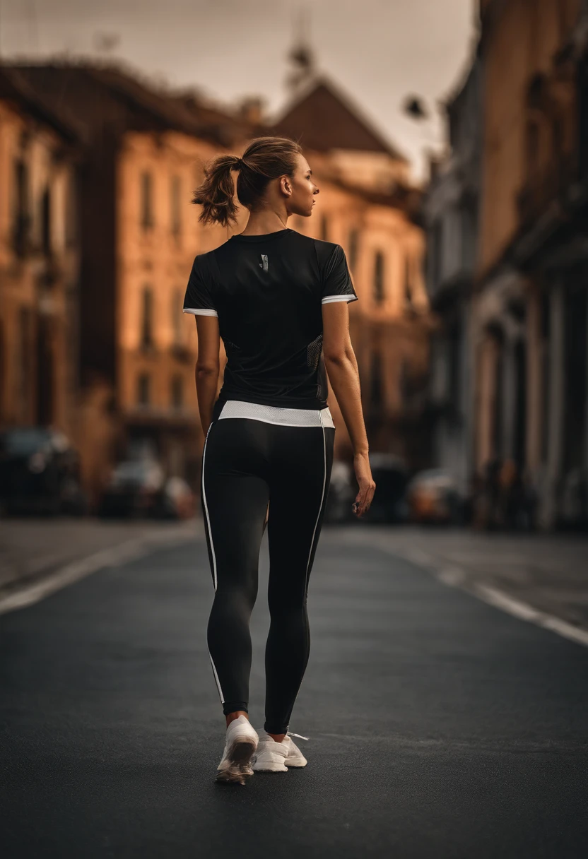 Only the background can be seen，The face is not visible，A half body，femele，Athlete body type，Short-sleeved trackwear，Walking on the road background，Black tones，Film light and shadow，k hd