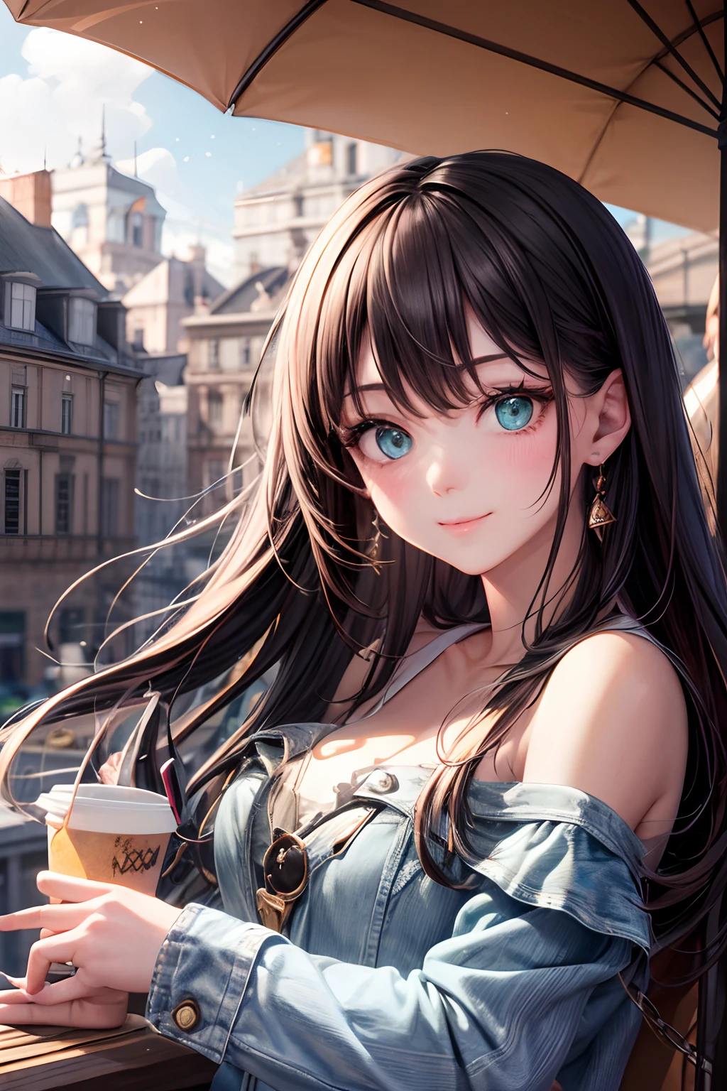 （hoang lap，hight resolution，Hyper-detailing，nffsw），tmasterpiece，best qualtiy，1girll ，Handsome，cabelos preto e longos，A detailed face，A dark-haired、Blouses with ruffles、cafe terrace，date、denim、Dimples、，Glorious glitter、Self-shot，lightsmile，（teal eyes）