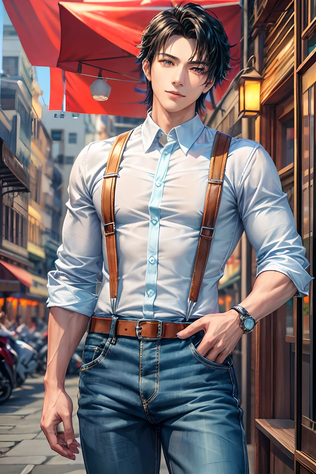 777、(hoang lap,hight resolution,Hyper-detailing,nffsw),tmasterpiece,best qualtiy,1boy ,Handsome,cabelos preto e longos,fine eyes and detailed face,white shirt,denim、cafe terrace,Self-shot,lightsmile,(teal eyes)