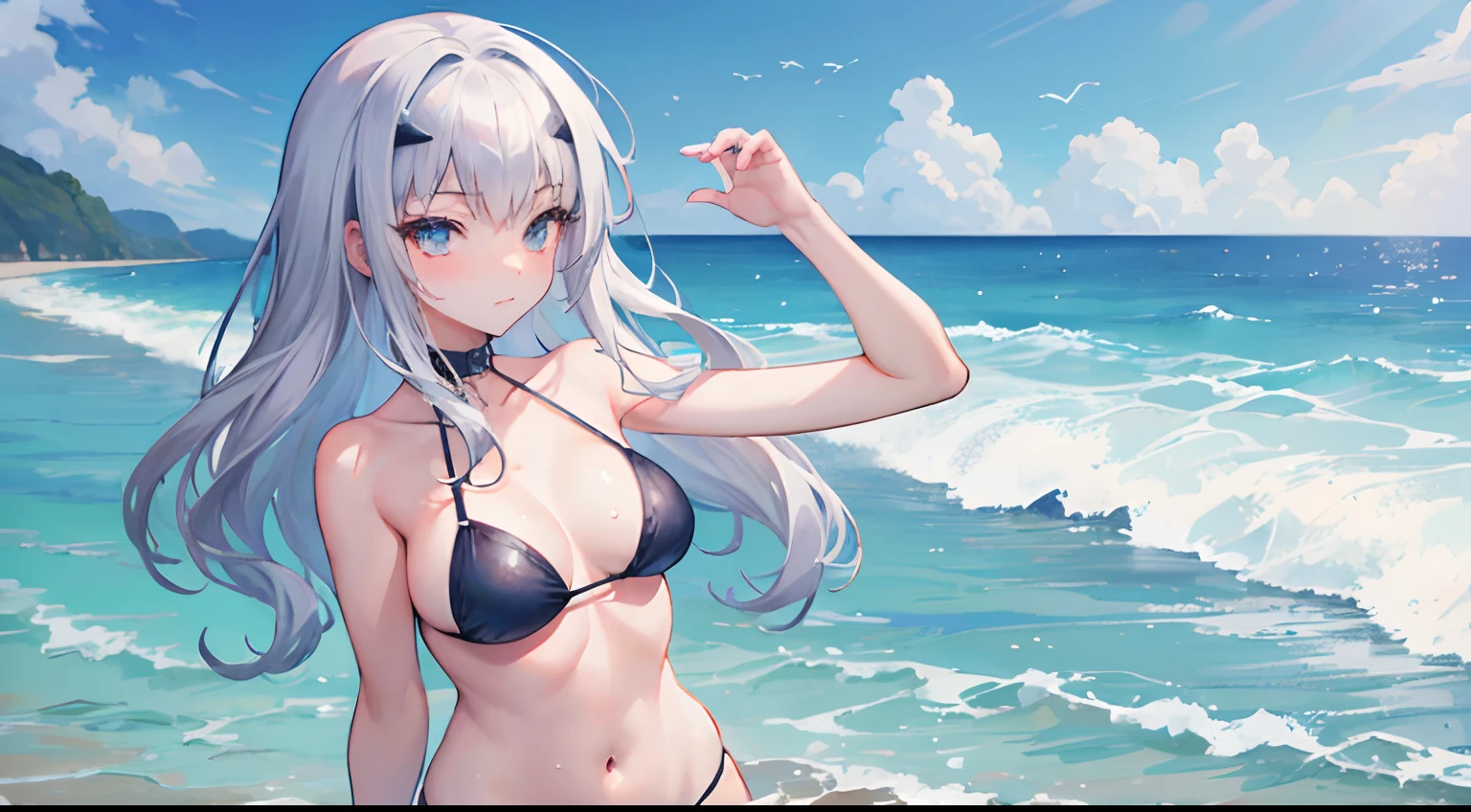 Masterpiece, top quality,1 girl, anime girl Wearing a wet bikini, silver hair , Beach as background , super detail, 4k wallpaper , detail eyes