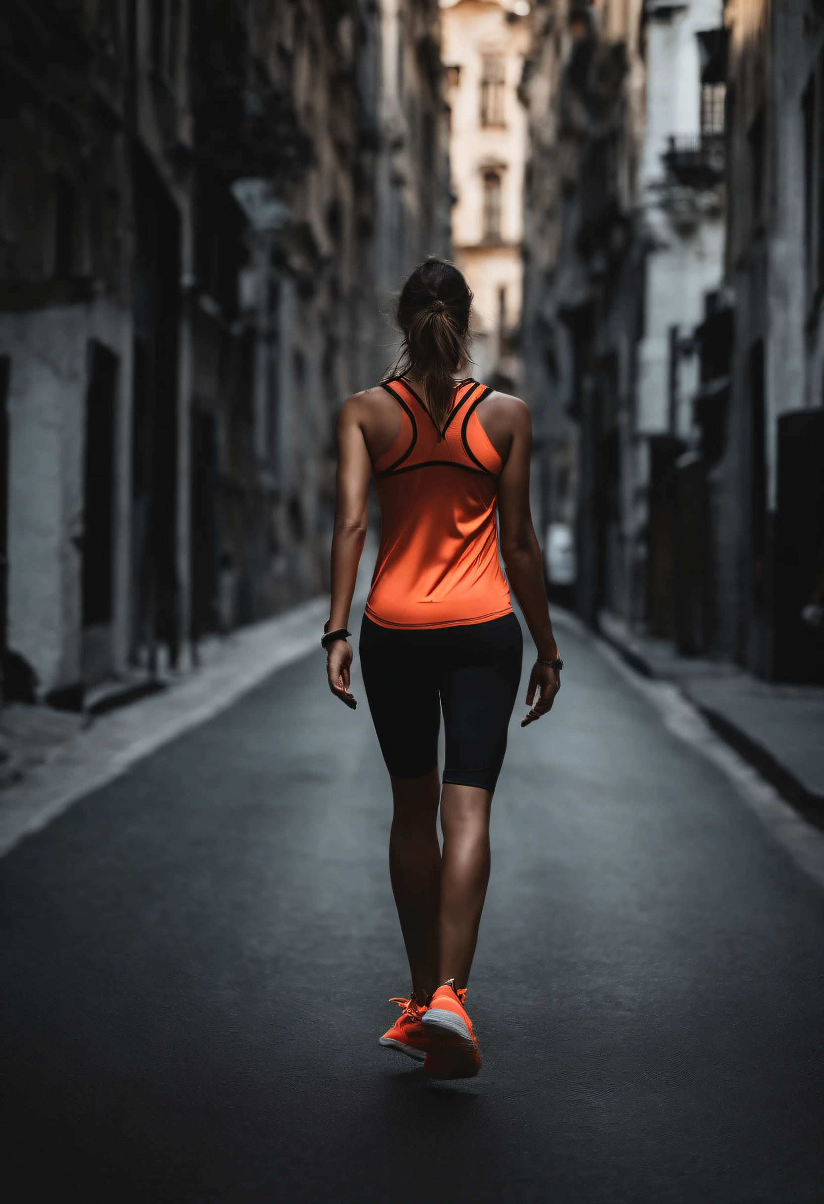 Only the background can be seen，The face is not visible，A half body，femele，Athlete body type，Short-sleeved trackwear，Walking on the road background，Black tones，Film light and shadow，k hd