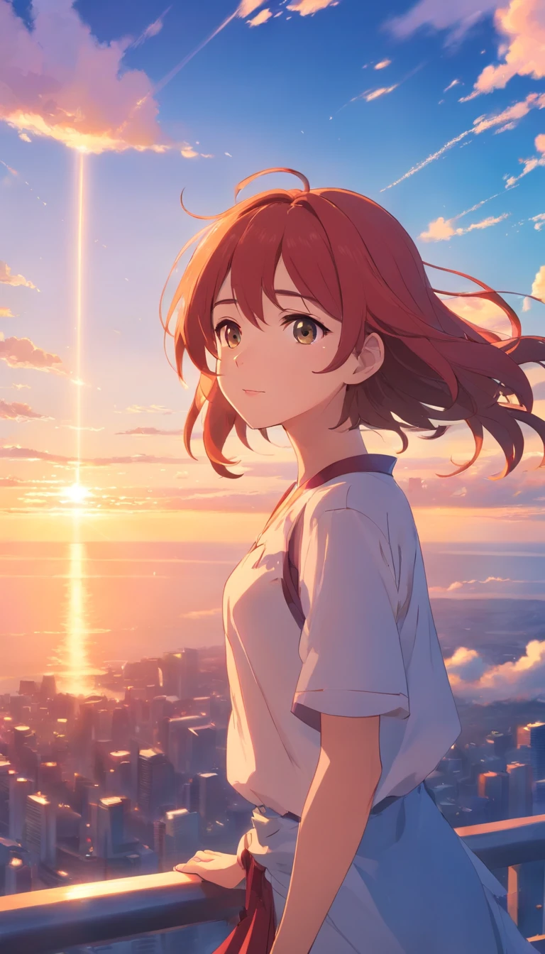 masterpiece、top-quality、Movie stills、1girl、Cloud Girl、floating in sky、a closeup、发光、happiness、Warm soft lighting、the setting sun、(Spark:0.7)、Red-haired