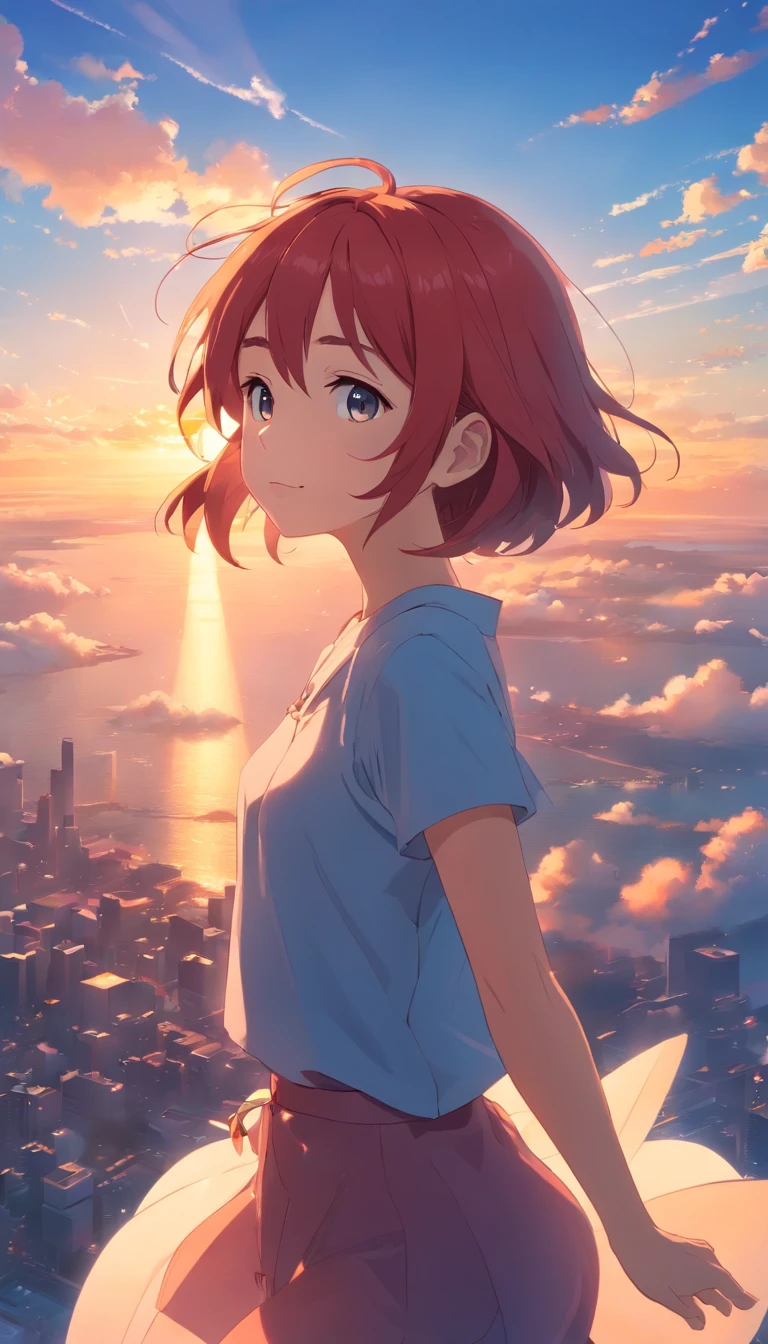 masterpiece、top-quality、Movie stills、1girl、Cloud Girl、floating in sky、a closeup、发光、happiness、Warm soft lighting、the setting sun、(Spark:0.7)、Red-haired