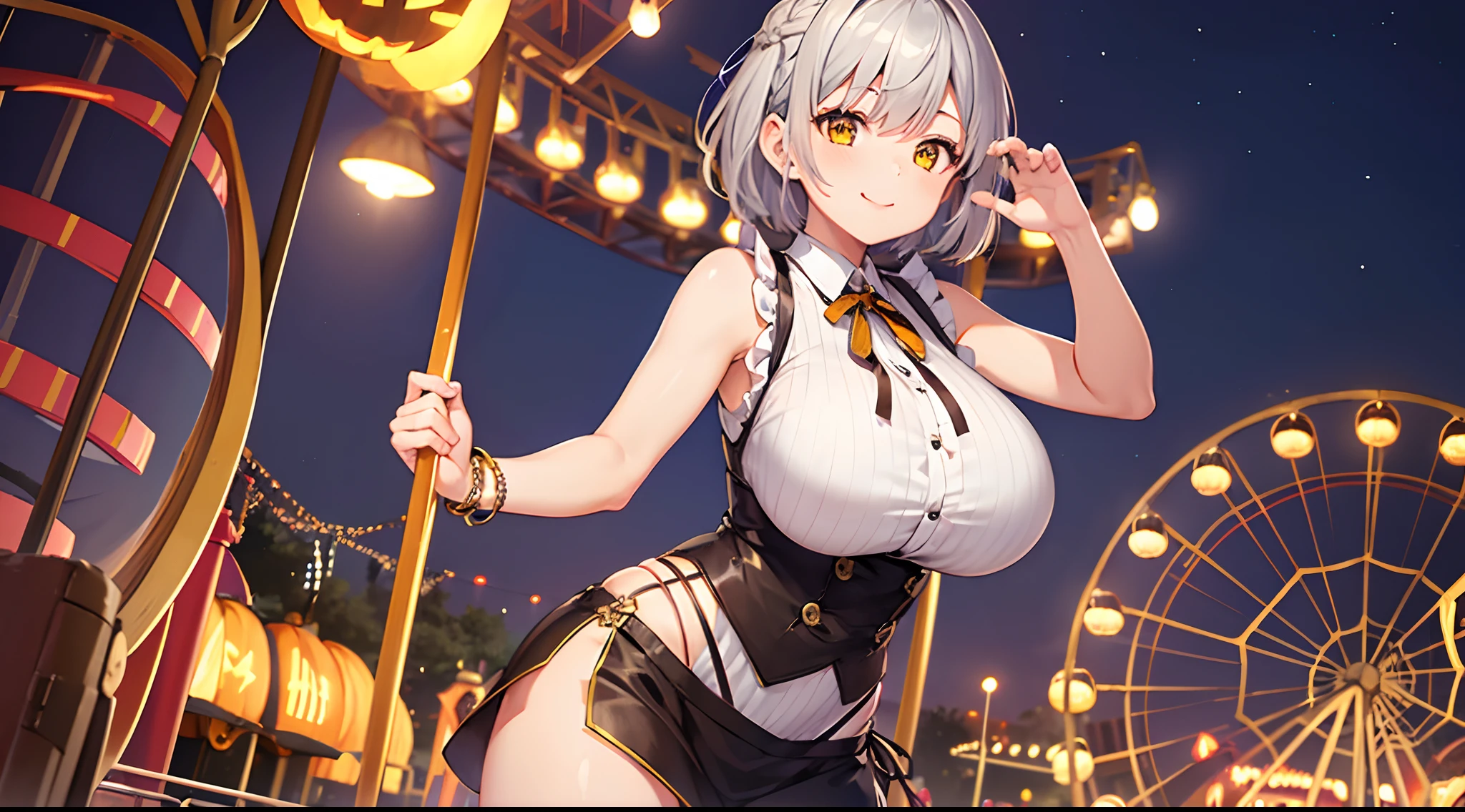 1 girl, game CG, brown sleeveless shirt, short slit skirt, neck ribbon, bangles, gigantic breasts, silver hair, short hair, french braid, yellow eyes, night, amusement park, Halloween background, smile,