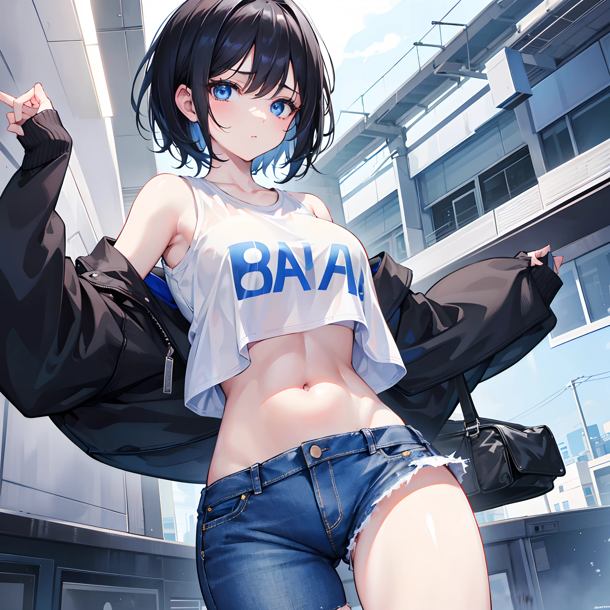 1girl, short black hair, blue eyes, wearing plain white crop top, denim shorts, city, absurdres, high res, ultrasharp, 8K, masterpiece, looking at viewer with naughty expressions