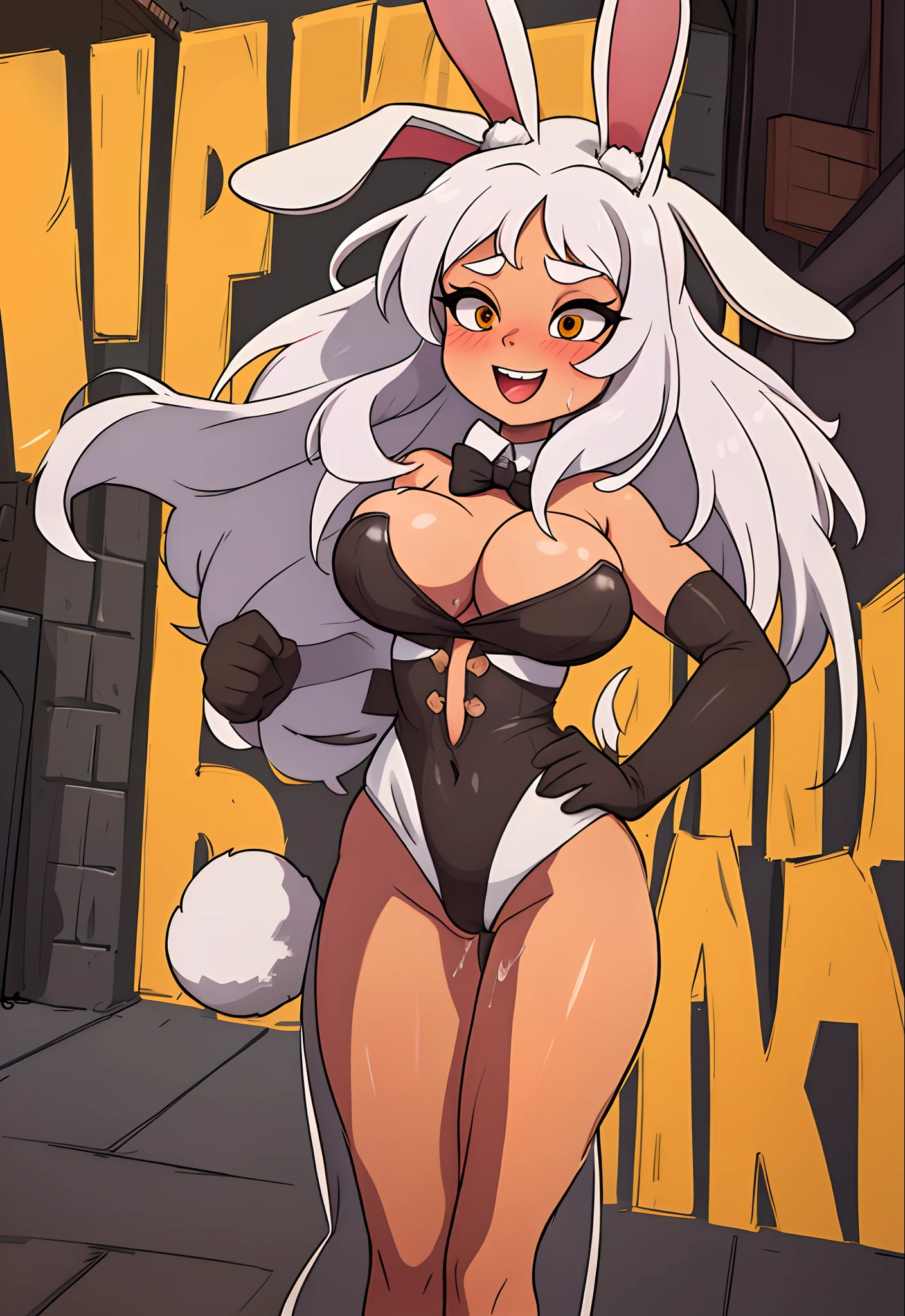 Villian, rabbit girl, big boobs, wants sex, on the street, long white hair, rabbit costume