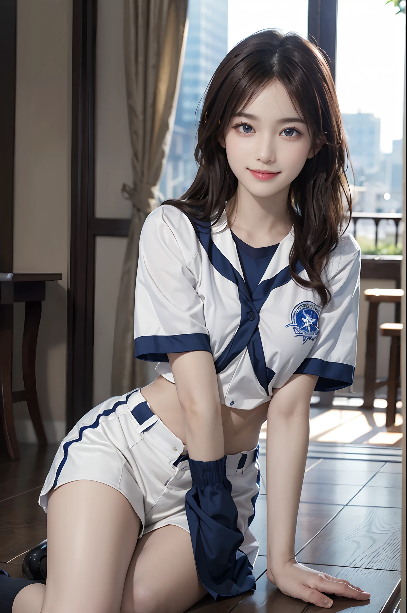 ((top-quality、​masterpiece:1.3))、、1 female:2.0、Colossal tits:1.3、Slender body type:1.1、Toned abs、Brown hair、short-cut、Detailed lips、detailedeyes、二重まぶた、blue eyess、wide Shots、(Raw photography、top-quality)、(realisitic、Photorealsitic:1.3)、top-quality、​masterpiece、extremely delicate and beautiful、extremely details CG、 absurderes、A smile、Erotic face、frontage、Fours、Slouched、Nokezoru、Cheergirl Uniforms、Strong smile、model poses、Cute side shot of 31 year old +Shy + Gorgeous French-Albanian schoolgirl、god rays、Shot with AFGA Vista 400::2.0 、Photos of the atmosphere in the style of Eric Madigan Heck and Arthur Elgort、、Bokeh、Snowflake 、Laugh with your mouth wide open:2.0、Baseball Uniforms