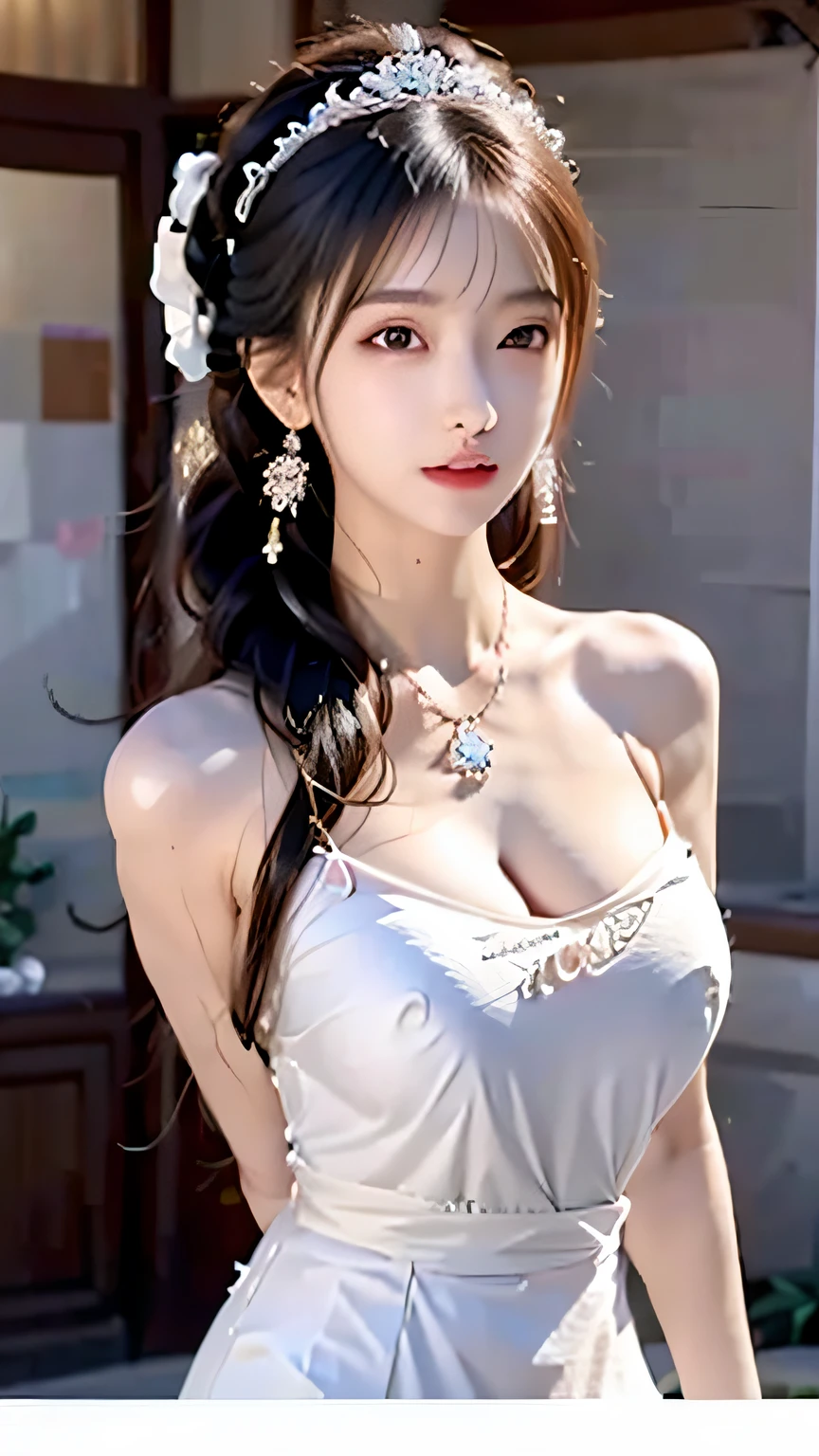 Full body close-up of a woman in trendy fashion, gorgeous young korean woman, street, wearing trendy fashion, fashion show, formal wear, rich expression, ambiguous, seductive, beautiful korean woman, korean girl, beautiful korean young woman, beautiful asian girl, pop fashion, korean woman, lazy, asian girl, beautiful asian woman, good young girl, blazing sun, top, hair accessories, necklace, jewelry, attractive girl, (hairstyle casual, no leakage big breasts: 1.3), perfect body, perfectly proportioned, S-shaped figure, double eyelids, big eyes, pink lips, dimples, shiny skin, sweat, huge buttocks, dynamic posture, from the front