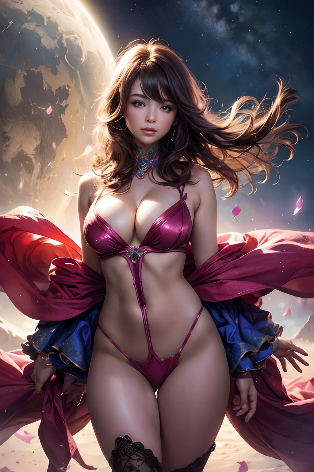 beautiful digital artwork、Fantasy and gorgeous lighting、gorgeous digital art、stunning digital illustration、digital fantasy art、3 D rendering character art 8 K、hight resolution、Detailed digital art、Graceful fantasy、nsfw、1girl、kindly smile、Cowboy Shot、Balanced body shape with a length of 7 heads、Perfect growth、Beautiful curvaceous、A sexy、Pink hair、long curled hair、Woman with shining light、beautiful countenance、A detailed face、perfectly proportions、爆乳、big breasts thin waist、nabel、big butts、Raised clean buttocks、Crotch gap、thighs thighs thighs thighs、clong legs、pink  dress、Robe with translucent cape、Floating in space、(Tremendous wind:1.5)、(Hair and costume are disheveled:1.5)、Skin is exposed、A sexy、the background is the universe、In the dark、Lots of stars、Blur background、