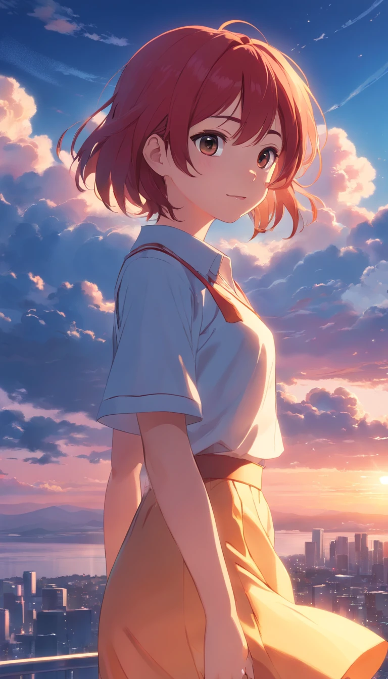 ​masterpiece、top-quality、Movie stills、1girl in、Cloud Girl、floating in sky、a closeup、发光、Happiness、Warm and soft lighting、the setting sun、(Spark:0.7)、Red hair、hi-school girl