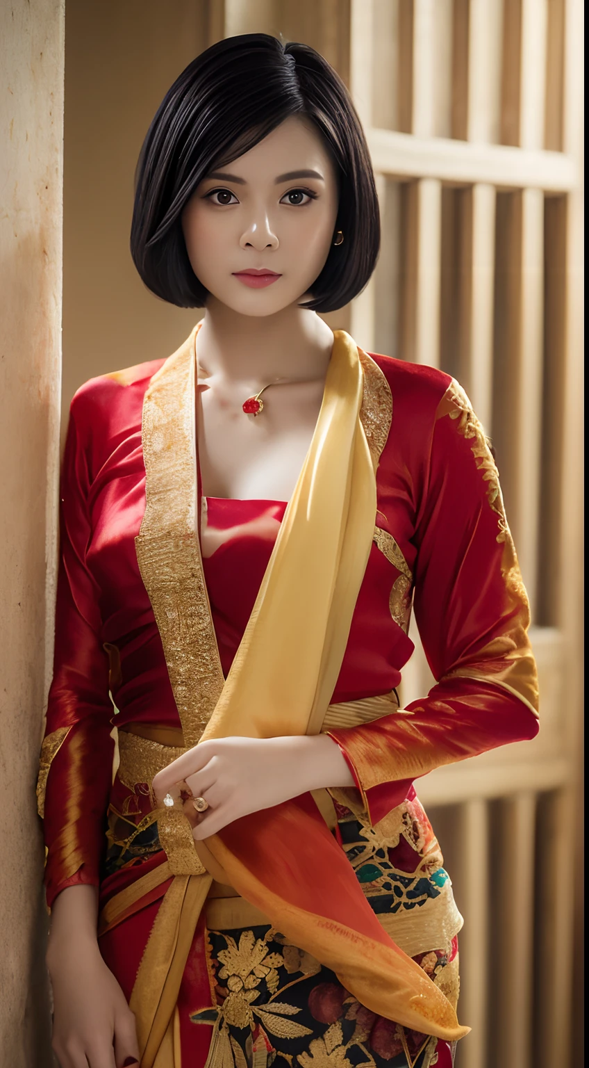 Photorealistic Production, (One Person), (Realistic Image of a 25 Years Old Female Model), (Short Bob Black Hair:1.6), (Pale Skin:1.4), (Wearing a Red Ornated Kebaya Dress with Silk Cloth and Golden Jeweleries:1.6), (Serious Face), (Deep Cleavage), (Elegant Pose:1.4), Centered, (Waist-up Shot:1.4), From Front Shot, Insane Details, Intricate Face Detail, Intricate Hand Details, Cinematic Shot and Lighting, Realistic Colors, Masterpiece, Sharp Focus, Ultra Detailed, Taken with DSLR camera, Realistic Photography, Depth of Field, Incredibly Realistic Environment and Scene, Master Composition and Cinematography