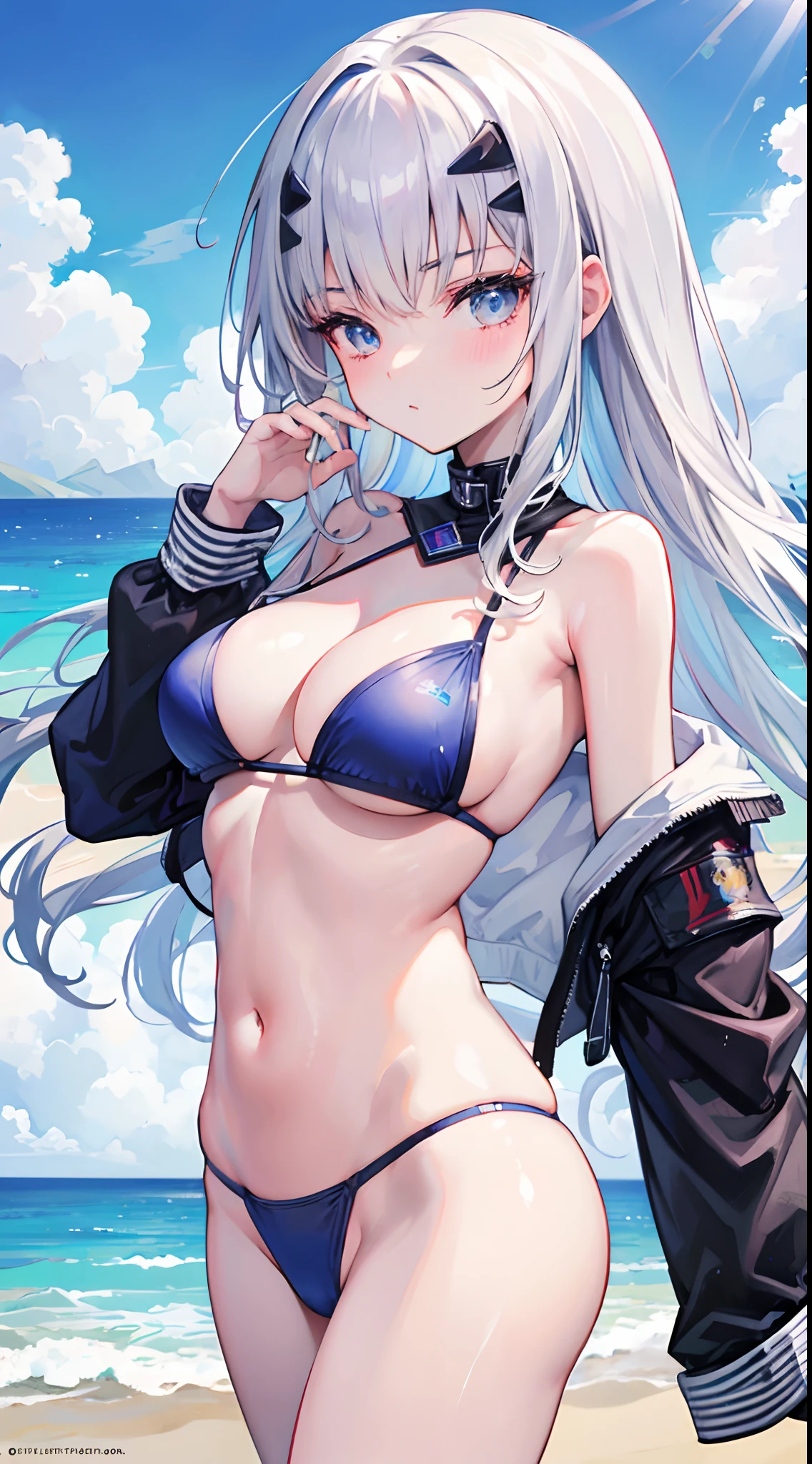 Masterpiece, top quality,1 girl, anime girl Wearing a wet bikini, silver hair , Beach as background , super detail, 4k wallpaper , detail eyes,Seductive pose