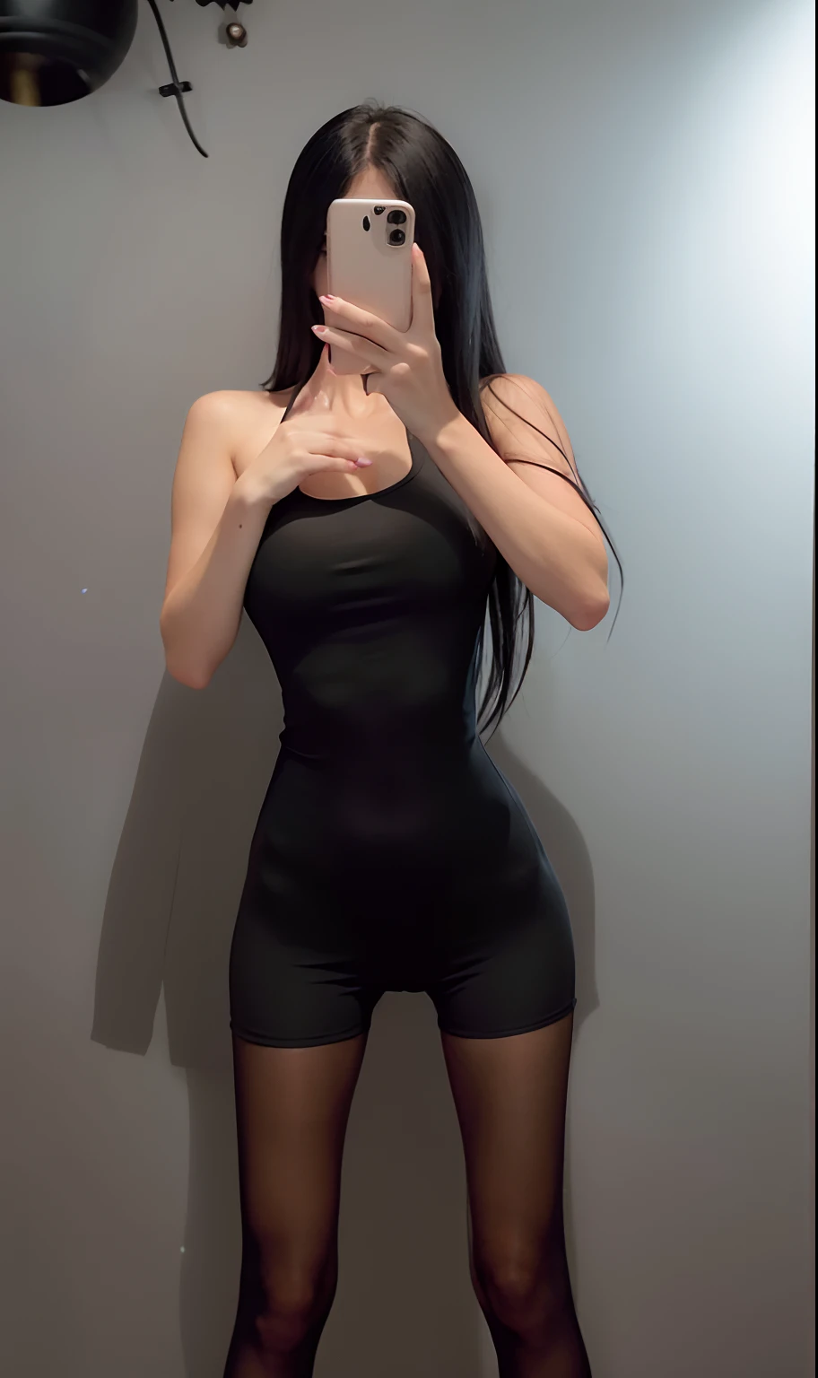 Arad woman taking a selfie in a black dress, cute girl wearing tank suit, thin bodysuit, wearing a tights, wearing tight simple clothes, tightsuit, skintight black bodysuit, in a bathing suit, high level body suit, wearing a black bodysuit, tight black tank top and shorts, Black bodysuit, tight costume, thicc