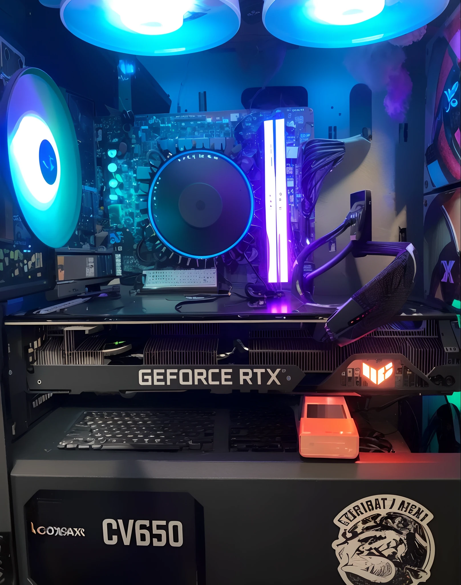 there is a computer case with rgb fan and a controller, beautiful rtx reflections, rtx 3060 ti, rtx on, rtx 4090 ti, 8 k rez, pc gaming, gaming pc, rtx 3080, rtx 3090, gaming computers, anime computer