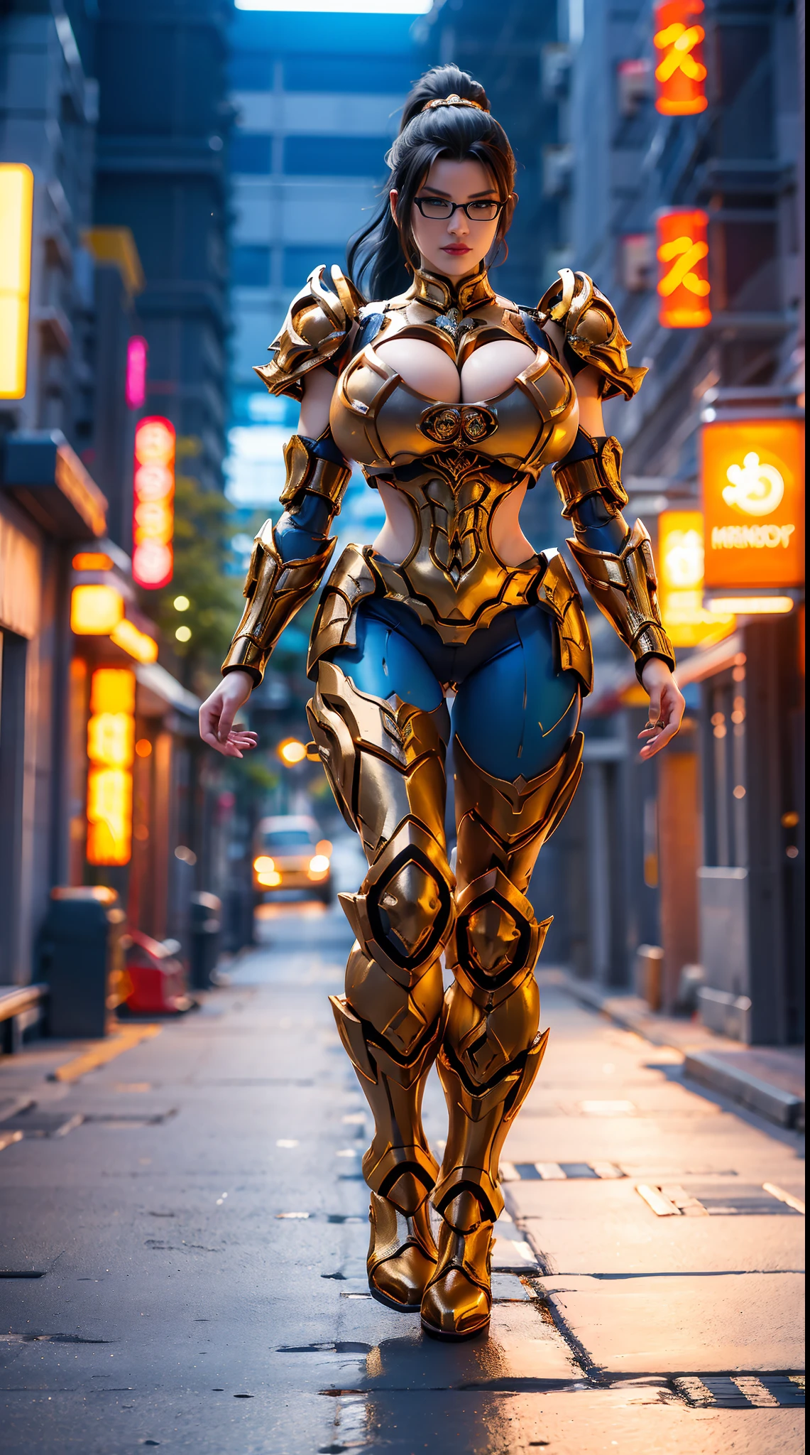 (UNREAL ENGINE 5), (DRAGON QUEEN), PONYTAIL, (GLASSES), (HUGE FAKE BOOBS:1.3), (BEAUTIFUL FACE), (BLUE, GOLD, ORANGE), (CYBERPUNK STREET CITY BACKGROUND), (CYBER MECHA ARMOR), (CLEAVAGE), (SKINTIGHT MECHA YOGA PANTS), (MECHA HIGH HEELS), (PERFECT BODY:1.2), (LOOKING AT VIEWER), (WALKING DOWN:1.3), MUSCULAR BODY, MUSCLE ABS, UHD, 8K, 1080P.