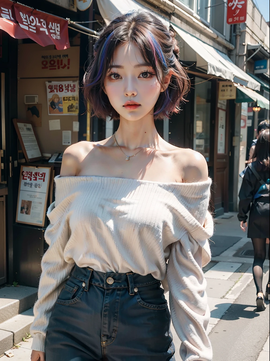 Korea girl walking on the street, cinematic style soft lighting glow effect, rainbow hair, off shoulder clothes, high quality, realistic, 1girl