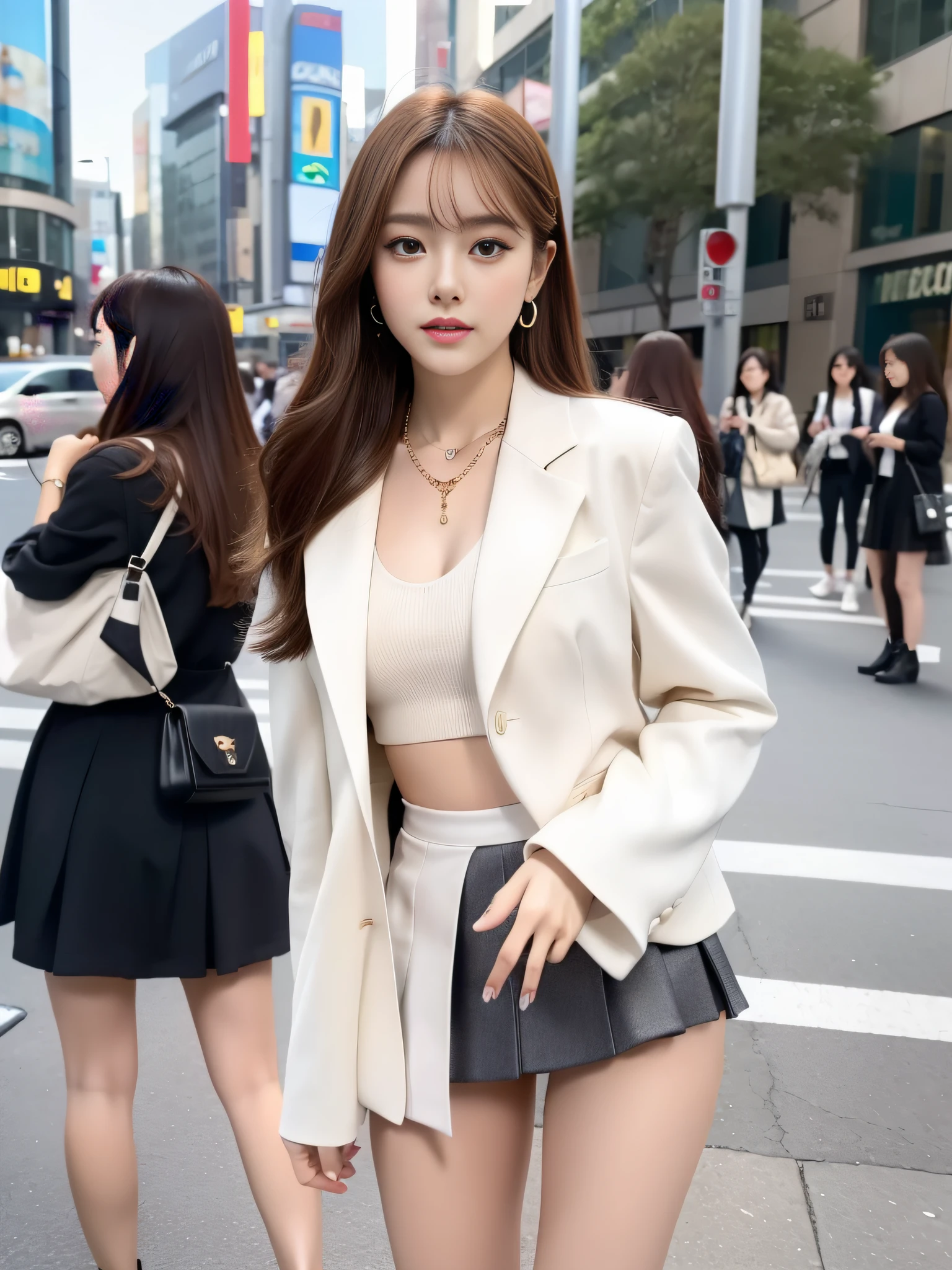 surrealistic、top-quality、 超A high resolution、Nikon Z 85mm、({(Raw foto:1.2)})natural soft light、profetional lighting、 realisitic、Super live-action、Photorealistic miniskirt、Perfect raw legs、delicate legs、 perfectly proportions、A sexy、 ulzzang -6500-v1.1, detailed beautiful faces、A detailed eye,Detailed lips,Beautiful eyebrows,perfectly proportions、Japanese ido,Korean Idols,18 year old beautiful woman revealing fashion, Fashion influenced by Namie Amuro,Amler,Amler Women,,90Wearing the tide of the times,micromini skirt,Wear platform boots,City of Shibuya, Women with good style,Ideal woman,The shape of the chest is beautiful,1Woman,Necklaces that match fashion,A bracelet,piercings,gyuru