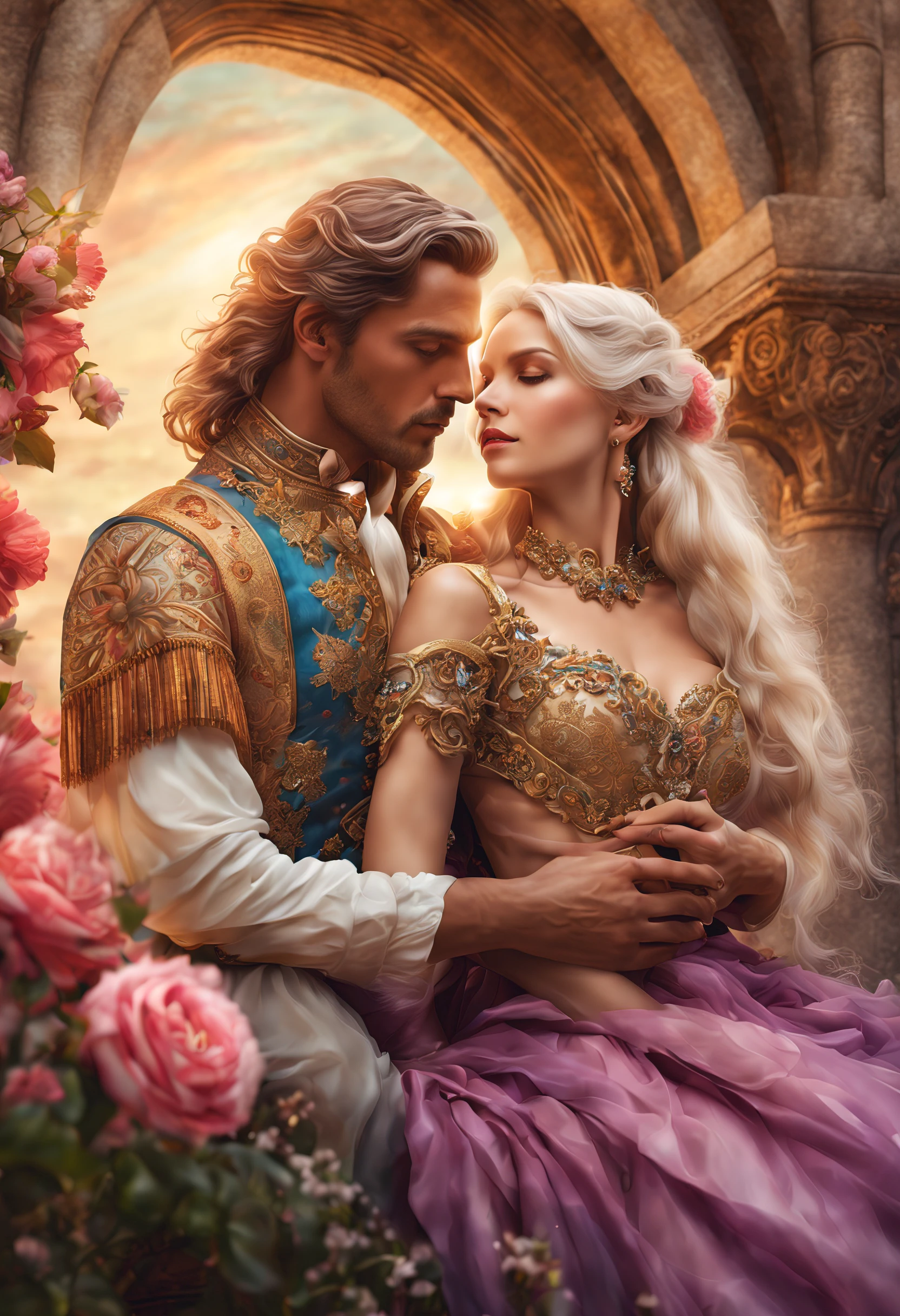 (masterpiece, ultra quality, high resolution, 8k, intricate: 1.2) photorealistic Epic romantic fantasy book cover, in center HALF-BODY COUPLE. spring romantic fantasy in center beautiful long half-body LONG WHITEhair man, ultradetailed beautiful faces, and beautiful lady in bright color french gown, proportional, tender, shimmering, ultradetailed beautiful faces, day BoKEH, fairytale magic, mysterious, light spring colorscheme, (Best quality,8K,A high resolution,Masterpiece:1.2),Ultra-detailed,(Realistic,Photorealistic,photo-realistic:1.37),Portrait,Creative style artwork,Historical,classical,Sophisticated,plethora of colors,Highly detailed,Soft lighting,luxurious environment,detailed gown,Vibrant flowers,detailed jewellery,Ethereal atmosphere,Elegant Pose,Graceful curves,Gold body proportions，Flowing hair,Breathtaking textile patterns,Harsh purple eyes,Delicate floral decoration,A dazzling array of crystal accessories,Mysterious and dreamy atmosphere,Impeccable attention to detail.