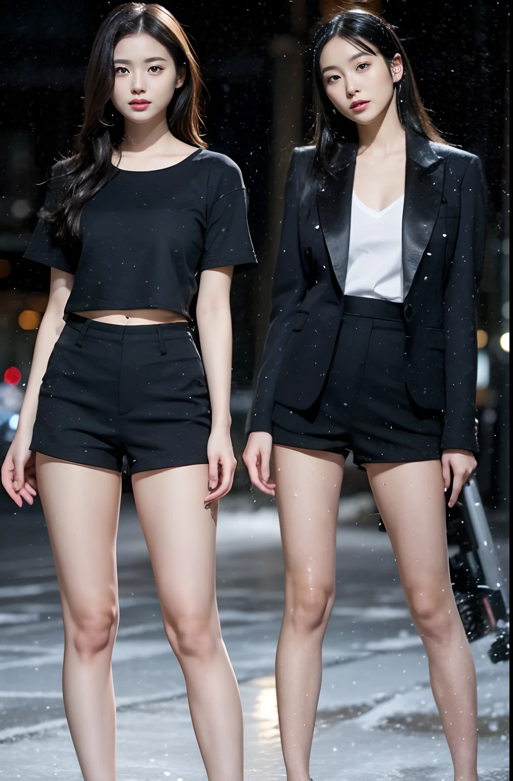 A Japanese Lady、beauitful face、二重まぶた、Big eyes、Long Black Hair、Black Suit、Black shirt、Micro shorts、beauty legs、Raw feet、pin heels、tall、model poses、Black heels、Oyuki、snow cover、snow blowing、Snowy landscape at night、