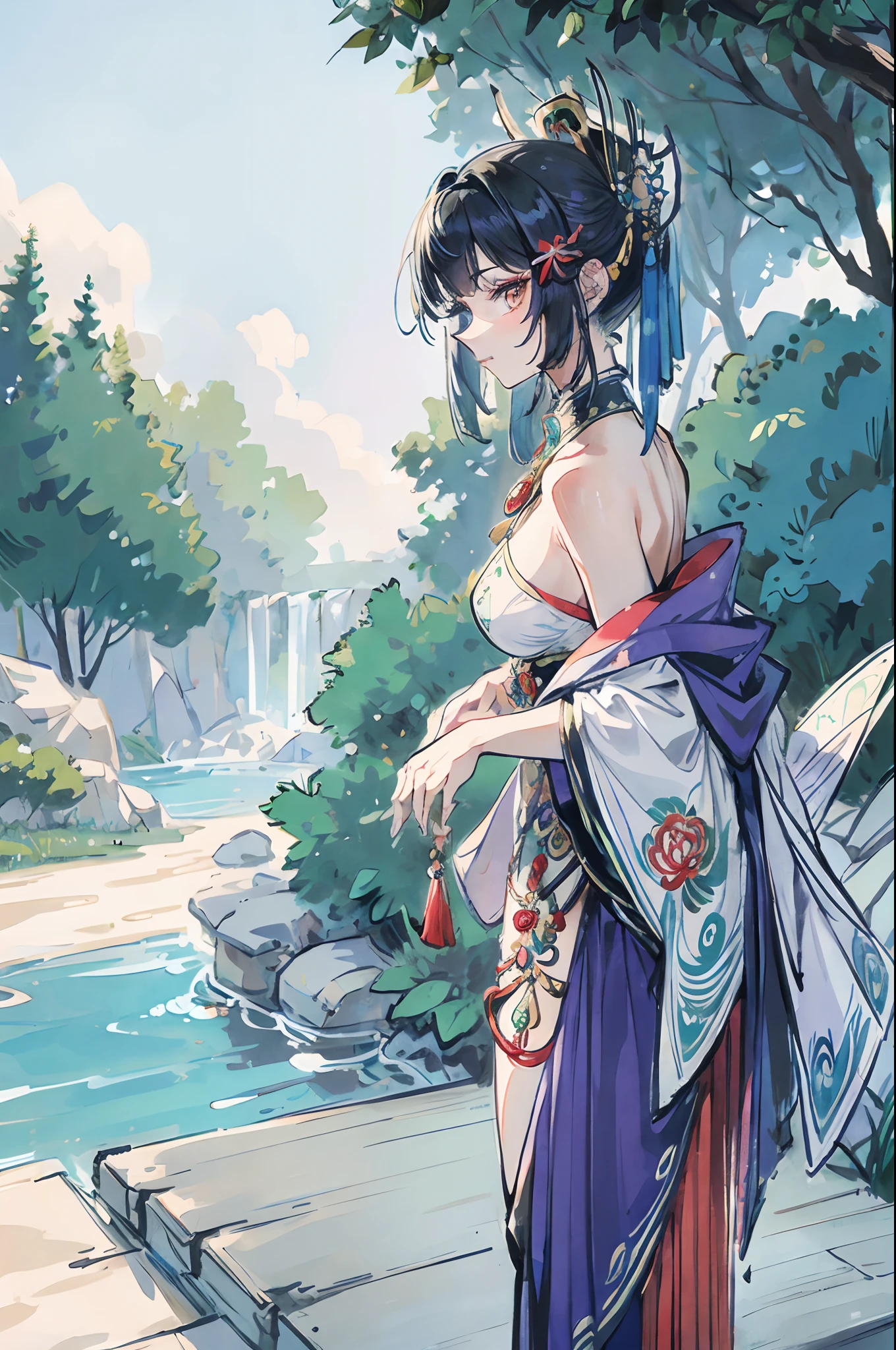 a new peacock-themed genshin impact character, colourful outfit, asymmetric outfit, unique outfit, hairpins, beautiful hairstyle