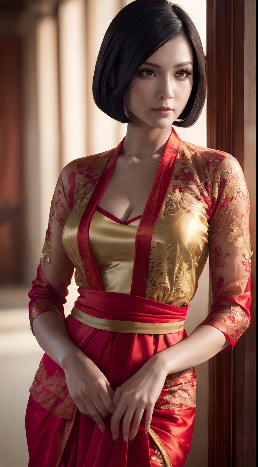 Photorealistic Production, (One Person), (Realistic Image of a 25 Years Old Female Model), (Short Bob Black Hair:1.6), (Pale Skin:1.4), (Wearing a Red Ornated Kebaya Dress with Silk Cloth:1.6), (Serious Face), (Deep Cleavage), (Elegant Pose:1.4), Centered, (Waist-up Shot:1.4), From Front Shot, Insane Details, Intricate Face Detail, Intricate Hand Details, Cinematic Shot and Lighting, Realistic Colors, Masterpiece, Sharp Focus, Ultra Detailed, Taken with DSLR camera, Realistic Photography, Depth of Field, Incredibly Realistic Environment and Scene, Master Composition and Cinematography