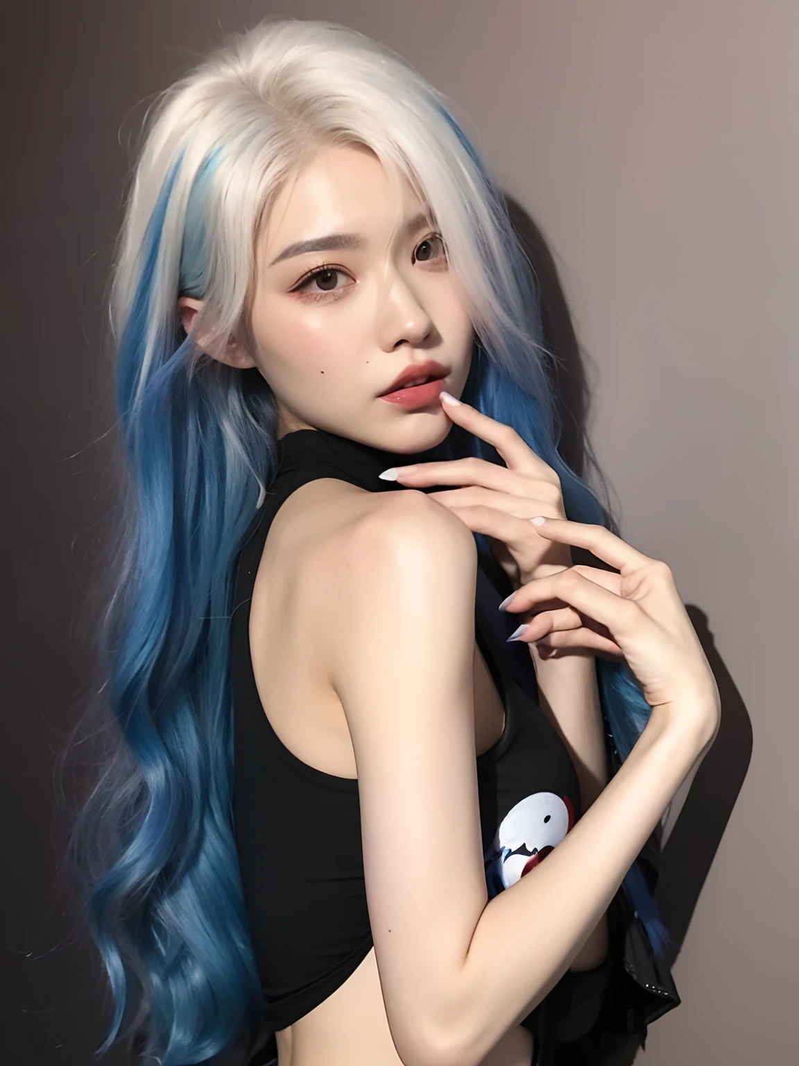 Close-up of a man with blue hair and a black shirt, Blue-white hair, long white hair, two tone color hair, Flowing blue hair, the long flowing blue hair, sky blue straight hair, with blue hair, ava max, Very long wavy sky blue hair, Blue long hair, with long white hair, Long blue hair, inspired by Yanjun Cheng
