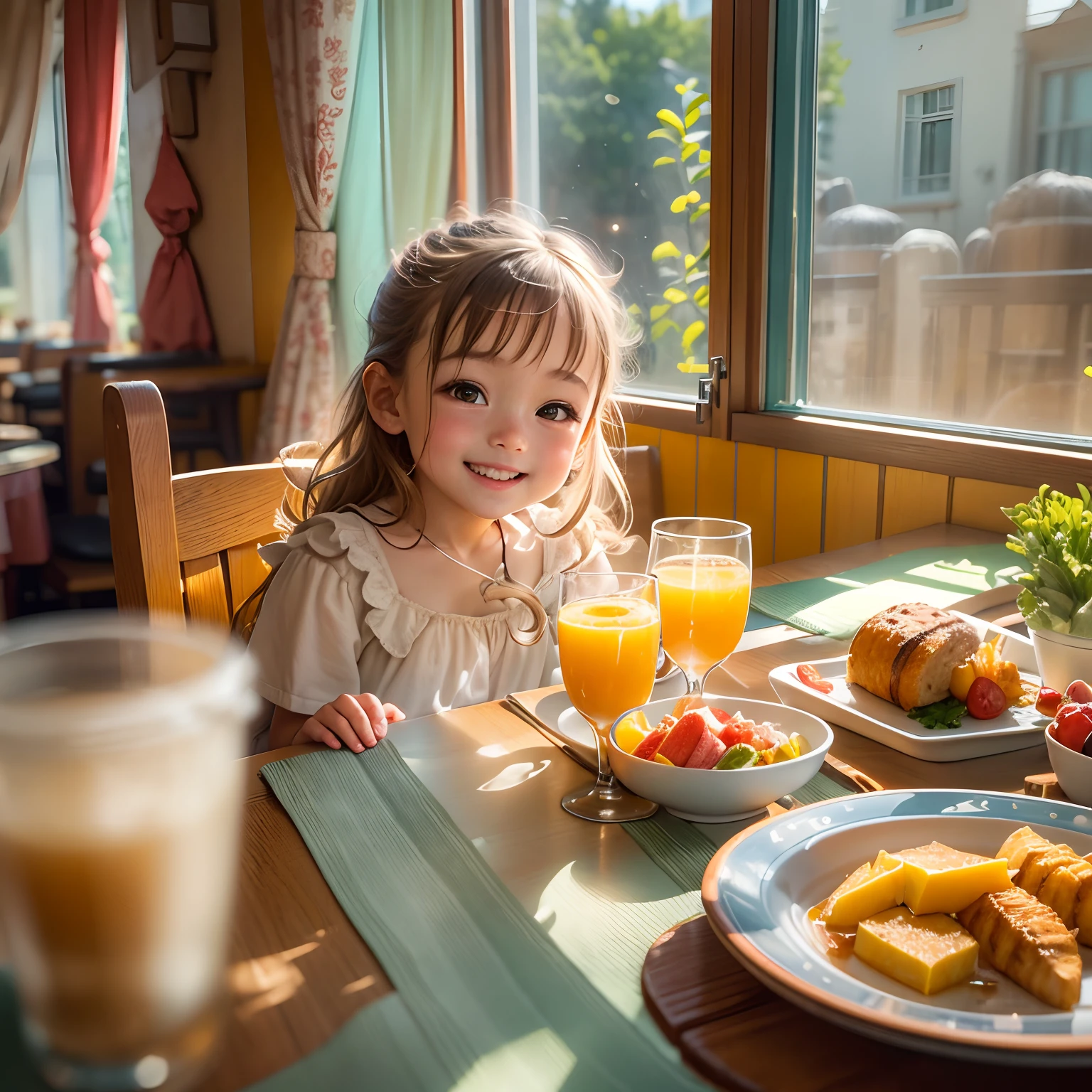 Western-style restaurant, A  sits at a dining table, ssmile, Juice on the table,Western breakfast on the plate, Sunlight outside the window.