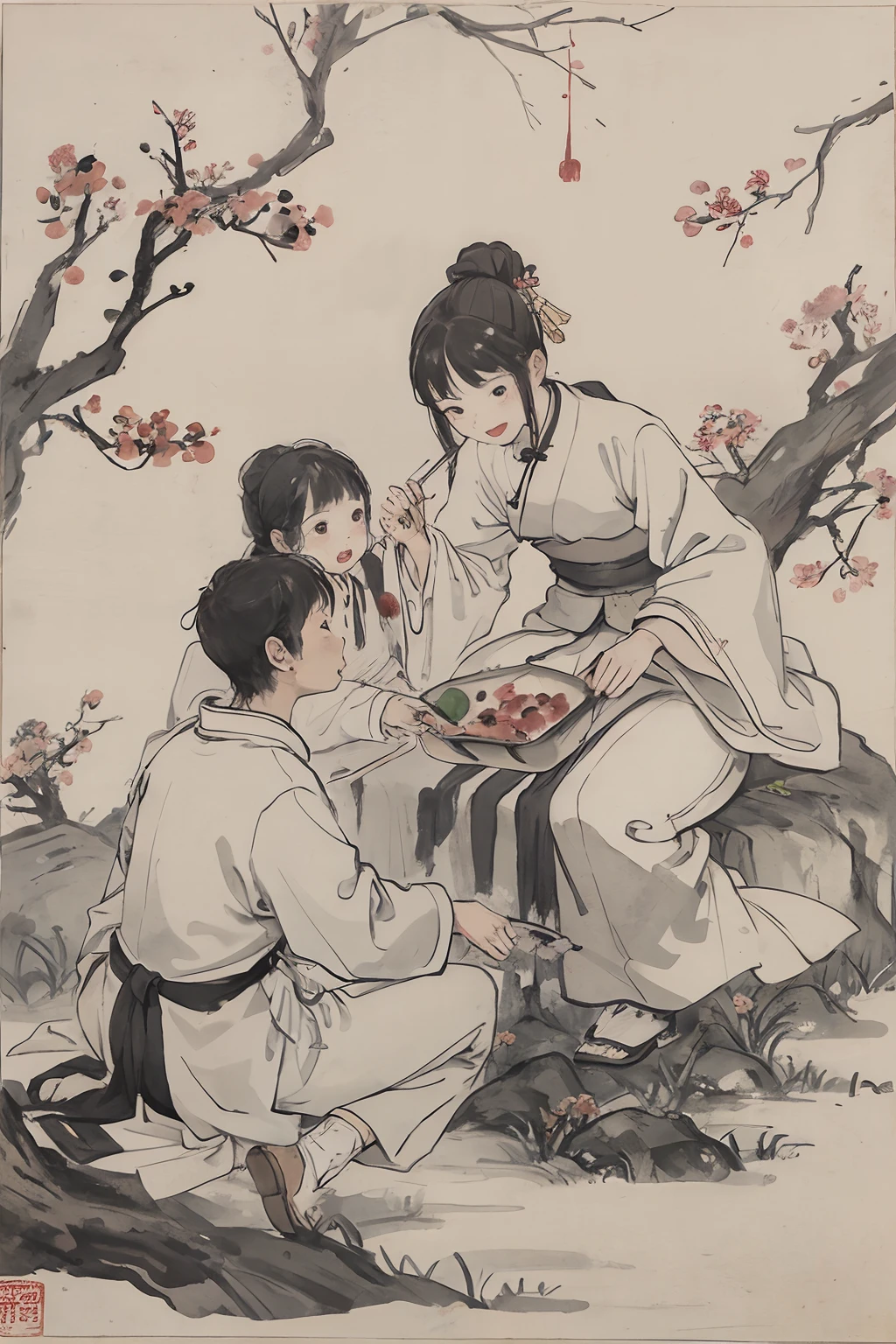 (tmasterpiece,best qualtiy:1.2),Tradition Chinese Ink Painting,Children picking fruit in the woods