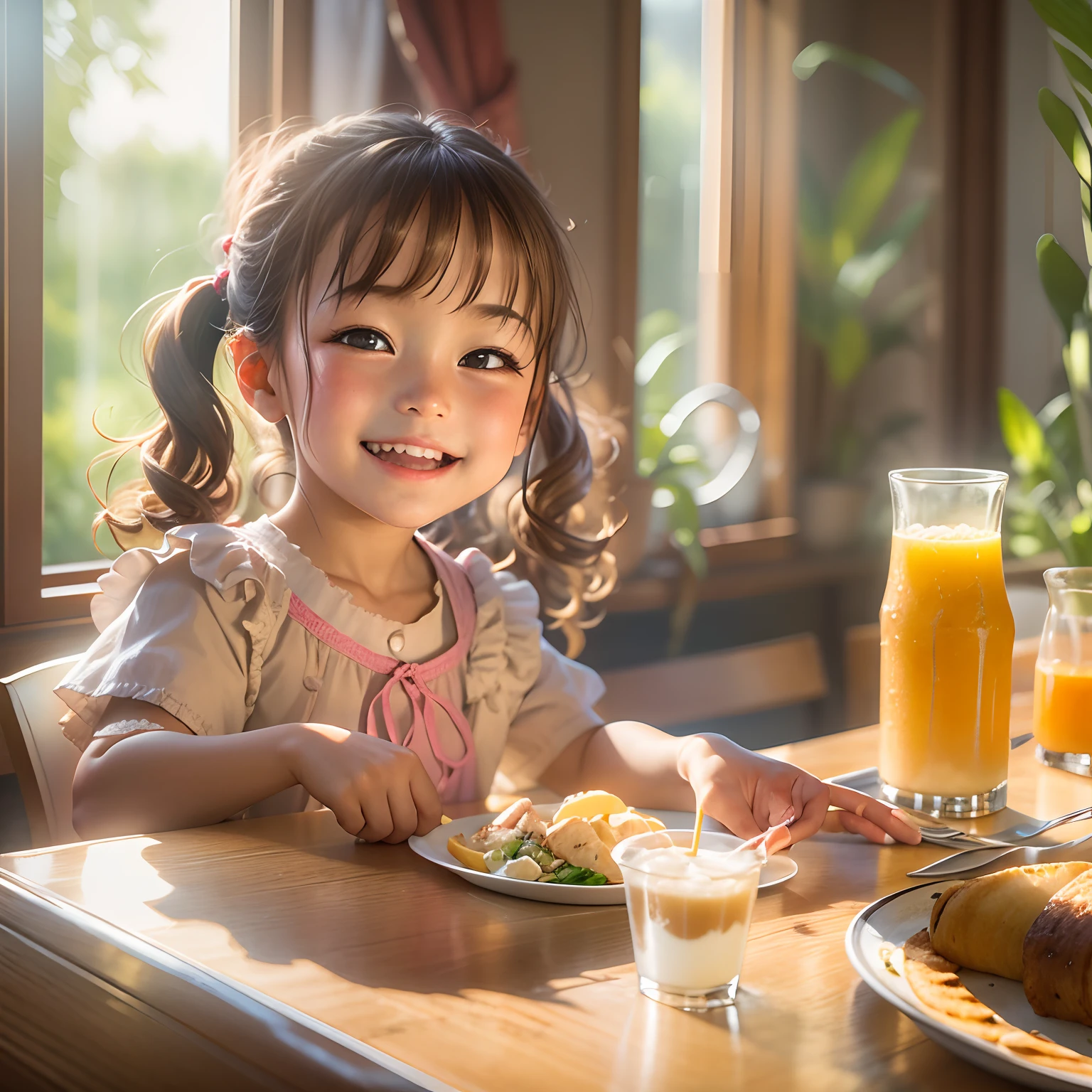 Western-style restaurant, A 5--old l sits at a dining table, ssmile, Juice on the table,Western breakfast on the plate, Sunlight outside the window.