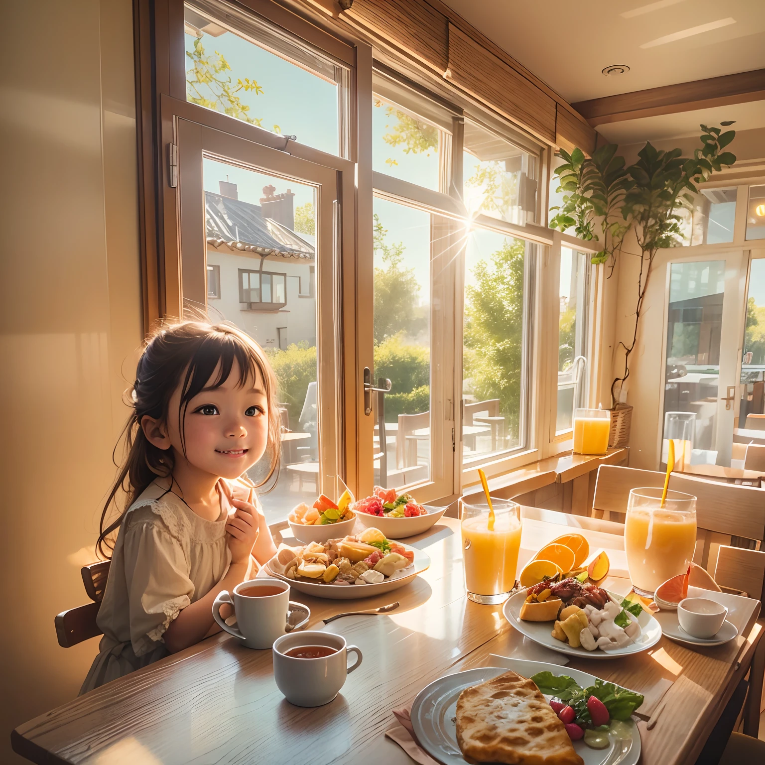 Western-style restaurant, A 5--old l sits at a dining table, ssmile, Juice on the table,Western breakfast on the plate, Sunlight outside the window.