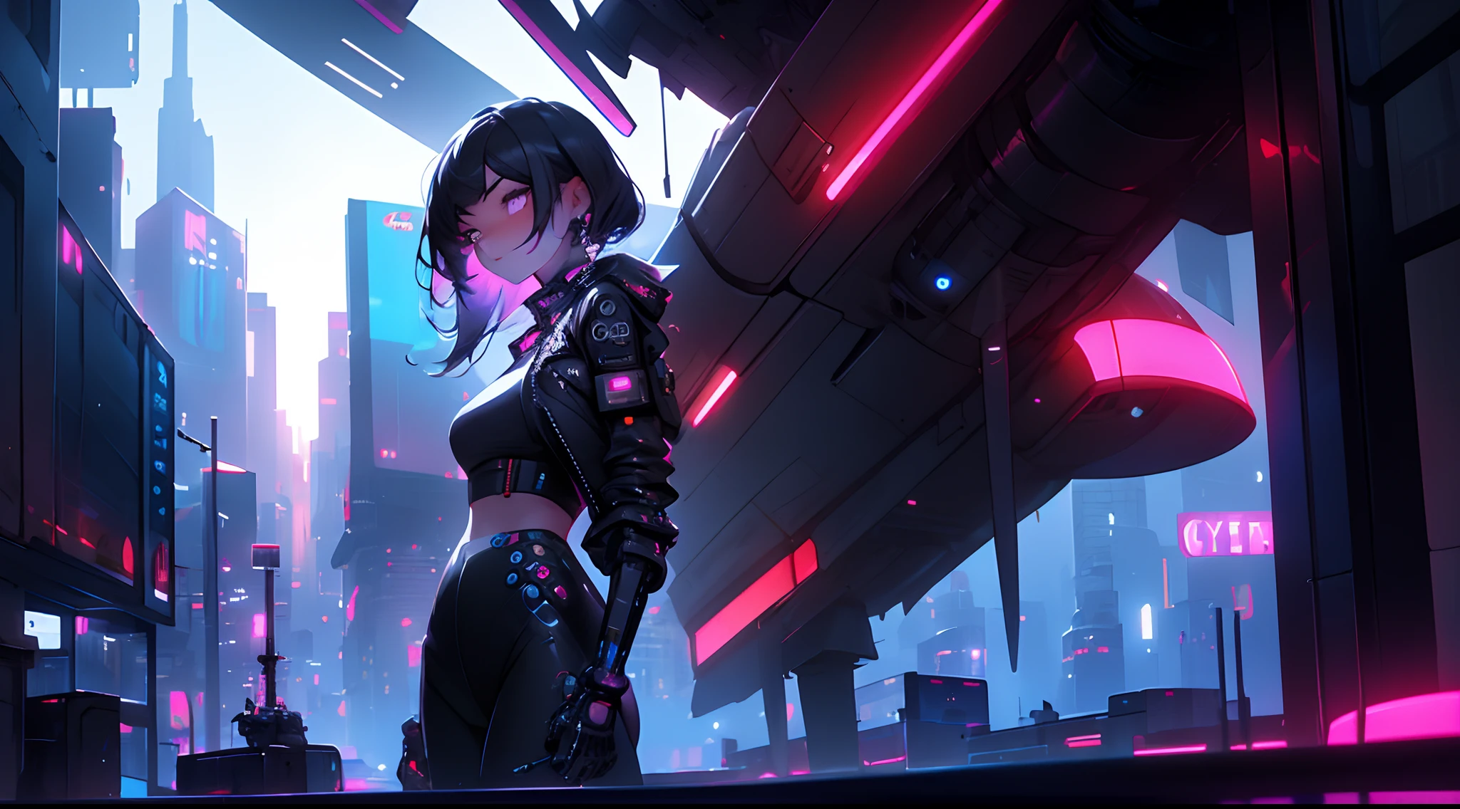 1 girl, upper body, single focus, futuristic beauty, cyberpunk attire, hopeful expression, (dawn in the cybercity: 1.4), (techno-optimism: 1.3), futuristic features, hopeful aura, [depth of field, ambient lighting, cybernetic dawn foreground, rising sun over the cityscape in the background], Cyberpunk Dawn, neon sunrise, futuristic optimism, (city awakening), (hovering airships: 1.2), intricate details, enhanced lighting.