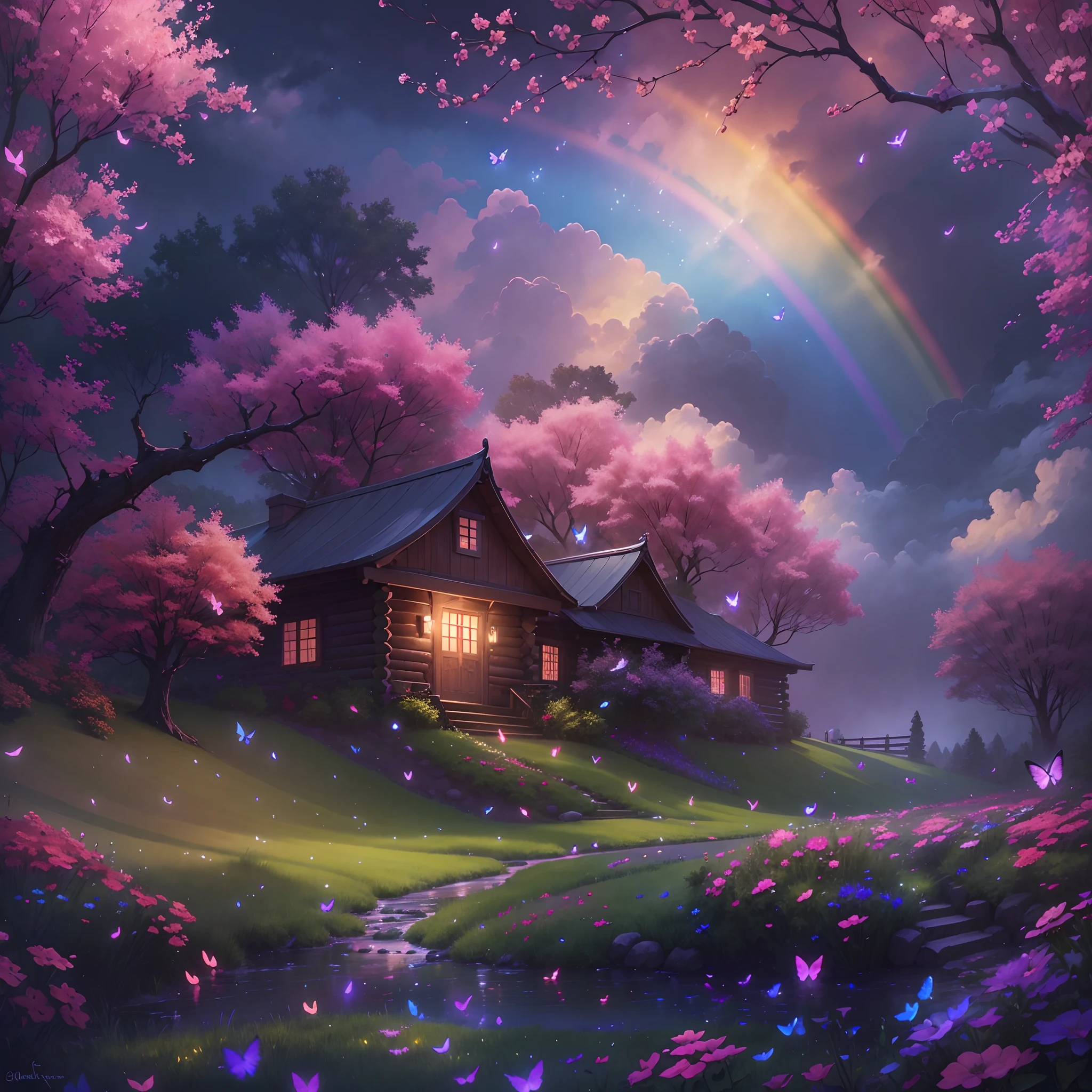 nigth，Rose garden，Skysky，the space，starrysky,galaxias，(depth of fields)，Light，Mist，log cabin,the cherry trees，Reallightandshadow，painting-like,Ethereal atmosphere,Vibrant colors,cinematic compositions，dream magical，hoang lap，Particle effect，diffused reflections，(mont)，waterfallr，butterfliesdancing,((A rainbow across the sky)),Dreamy and whimsical,sereneandcharming,style of surrealism,painting-like,Ultra-fine painting,vibrant with colors,painting coming to life,Sharp contrast,hdr,hyper HD,Totally mesmerizing and fascinating,Simply breathtaking，Physically-based rendering,Extreme detail description,professional,.