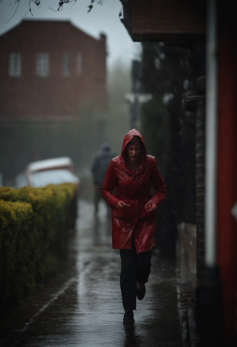 “A creepy creature lurks in the shadow while a scared woman tries to run in the rain. He is covered in blood and has a lunatic look in his eyes as he is about to strike”.