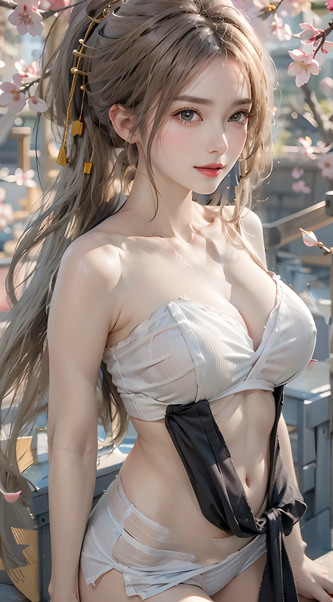 bare arms, perfect arms, bare shoulders, perfect shoulders, collarbone, detailed collarbone, large breasts, perfect breasts, cleavage, no strap, strapless, bandage bra, bra, strapless bra, exposed torso, exposed belly, exposed hips, bare hips, bottomless, no clothes, bare torso, bare belly, white skin, expert shading, thighs, bare thighs, thigh high, perfect thighs