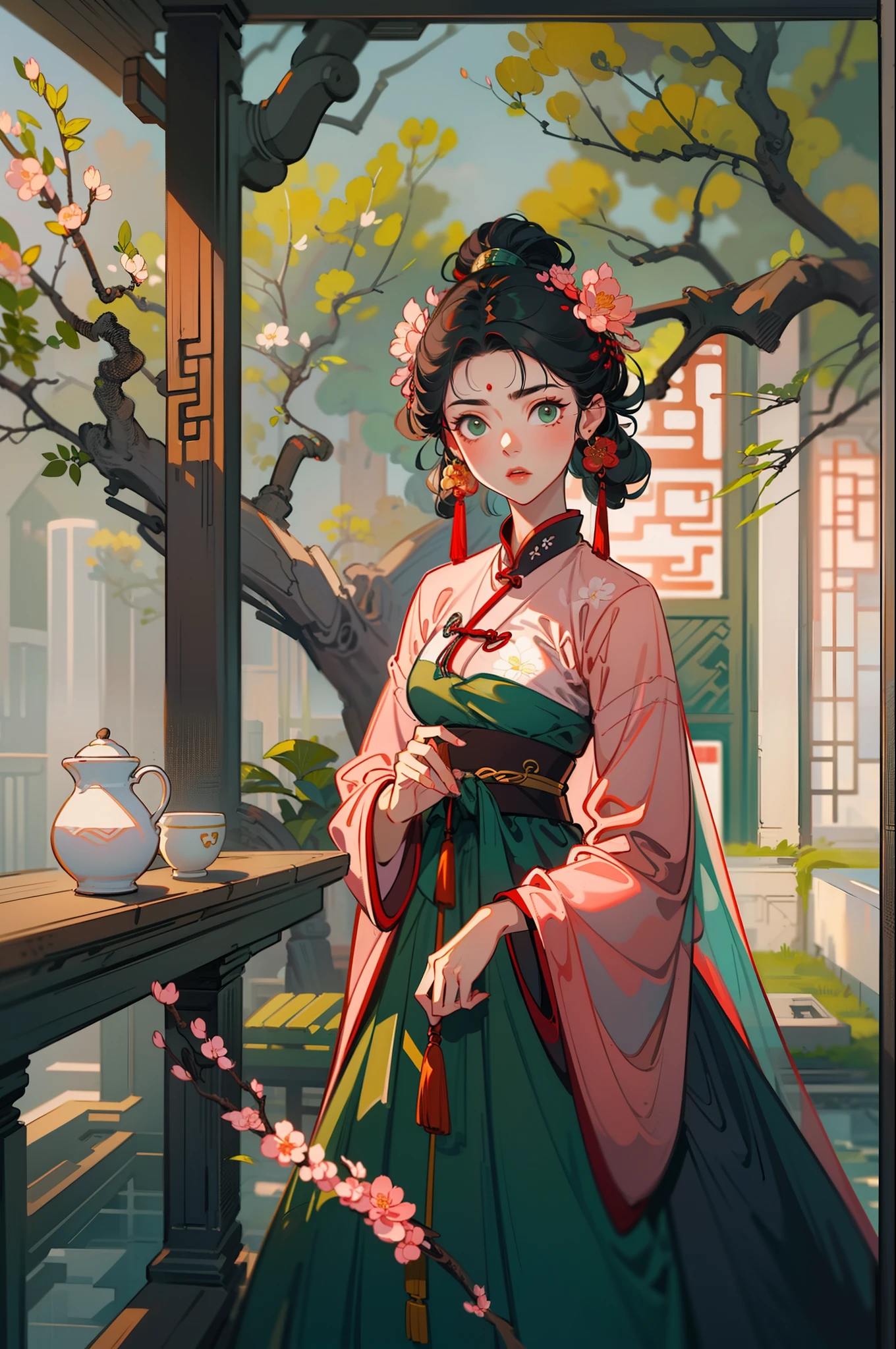 A beautiful girl in ancient China，standing on your feet，Lovely temperament，Long dark green dress，In the background is a huge peach blossom tree，rays of sunshine，Clear face，tmasterpiece，ultra - detailed，Epic composition，high qulity，HighestQuali，4K