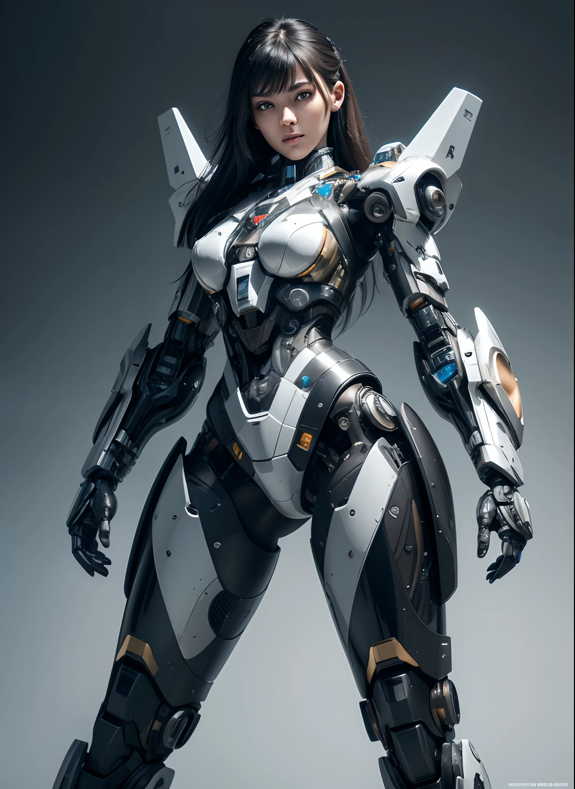 Textured skin, Super Detail, high details, High quality, Best Quality, hight resolution, 1080p, hard disk, Beautiful,(cyborgs),beautiful cyborg woman,Mecha Cyborg Girl,Battle Mode,Girl with a Mecha Body,She wears a combat cyborg mech with a weapon
