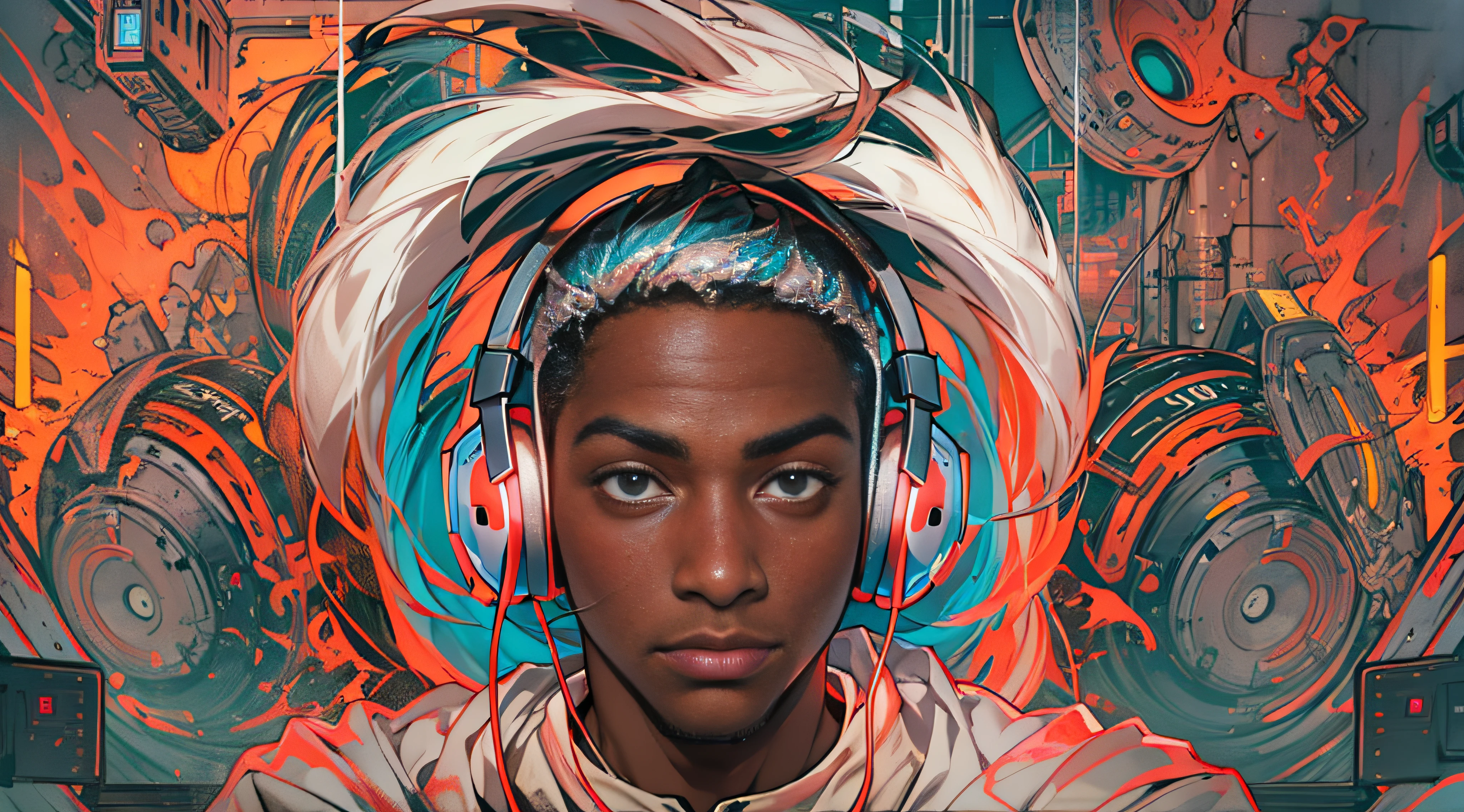 Young man looking straight at headphones Best Quality masterpiece ultra high res