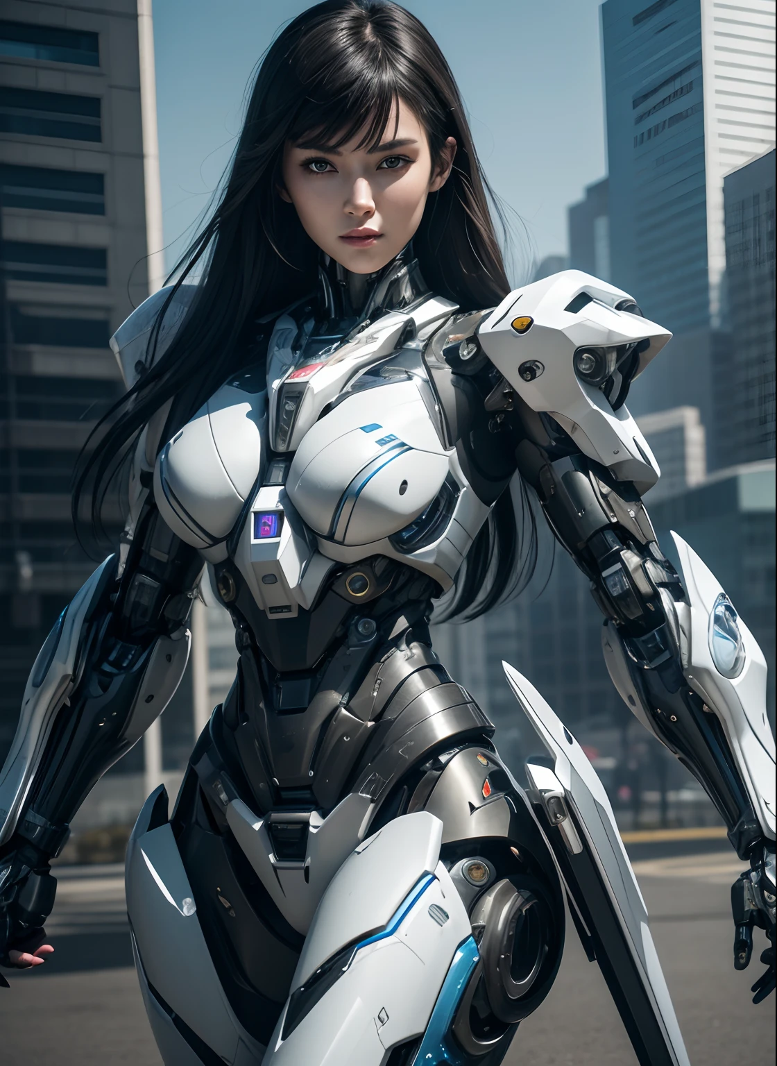 Textured skin, Super Detail, high details, High quality, Best Quality, hight resolution, 1080p, hard disk, Beautiful,(cyborgs),beautiful cyborg woman,Mecha Cyborg Girl,Battle Mode,Girl with a Mecha Body,She wears a combat cyborg mech with a weapon