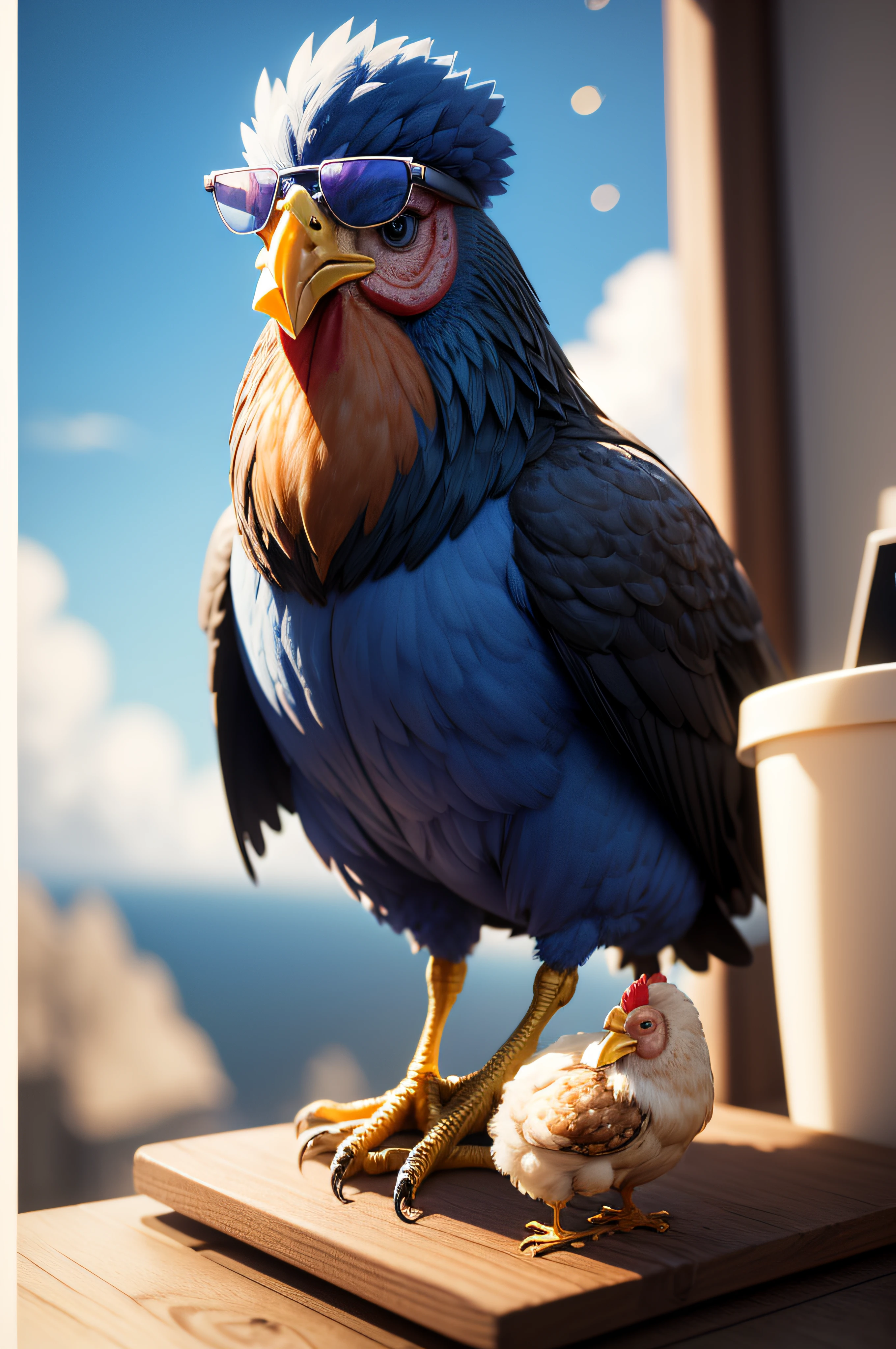 A chicken in a blue uniform and sunglasses,best quality,highres,masterpiece:1.2,ultra-detailed,realistic:1.37,3D rendering,vivid colors,portraits,sharp focus,studio lighting,bokeh,physically-based rendering,blue color tone,soft lighting