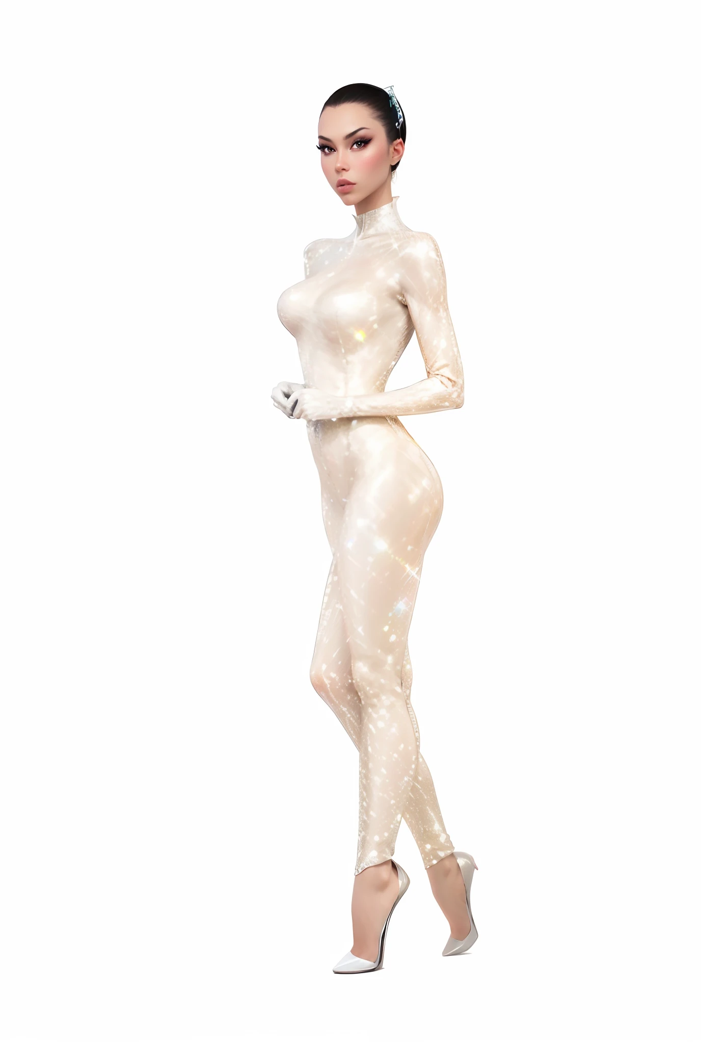 Araffe woman in a white dress and black hat posing, arte digital de um elegante, Inspirado em Hajime Sorayama, hajime sorayama menina projetada, portait de Haifa Wehbe, inspirado em Patrick Nagel, Menina Bond, 3d render da mulher-gato, Estilo Hajime Sorayama, acentos de glitter na figura, anime barbie em branco
