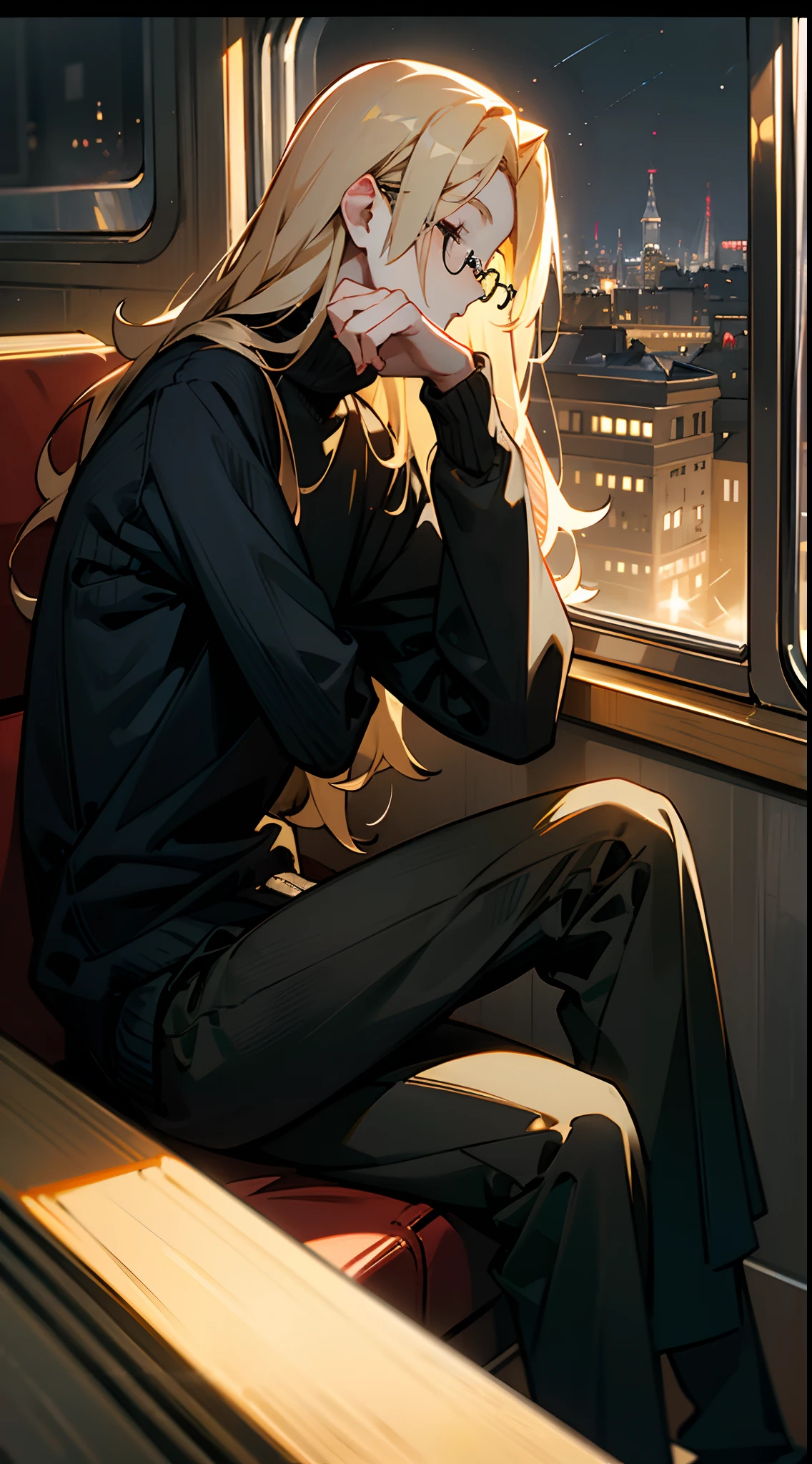 1man, train compartment, night, dark, window, sitting, elbow on countertop, face in profile, pale skin, half-closed eyes, relaxed expression, gold-rimmed glasses, long straight blonde hair, dark gray sweater, black pants