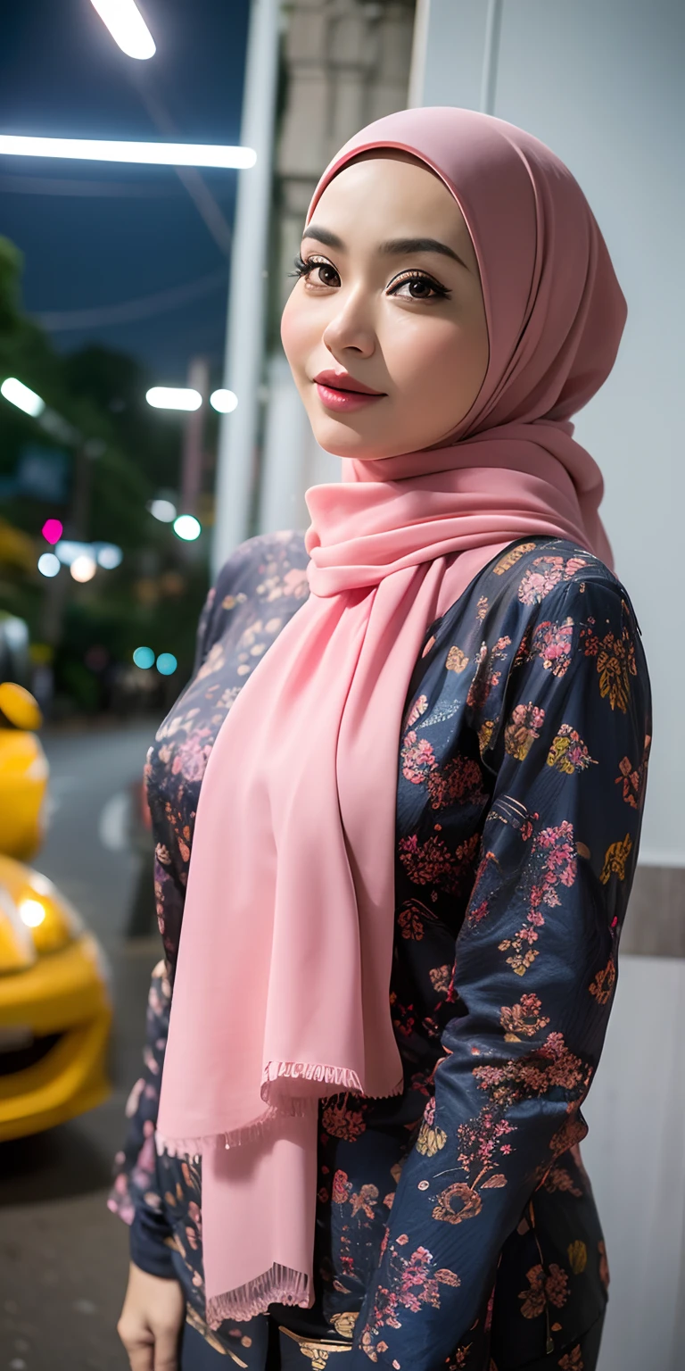 1 matured malay girl in hijab wear kebaya, kuala lumpur street, nighttime, neon city lights, upper body,close-up, seducing, sexy pose, (8k, RAW photo, best quality, masterpiece:1.2),(realistic, photo-realistic:1.37),