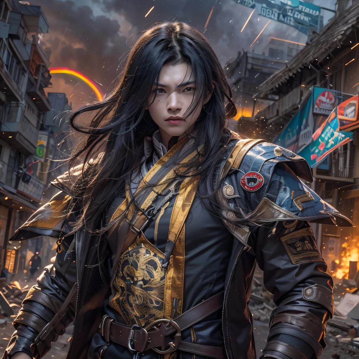 (Rainbow ruins)Climb the streets(Doomsday Rainbow)eyes filled with angry,He clenched his fists,Rush up,Deliver a fatal blow to your opponent,full bodyesbian,Full Body Male Mage 32K(Masterpiece rainbow,Rainbow Ultra HD)Long flowing black hair,Campsite size,zydink, The wounded lined up in the streets(Doomsday ruins rainbow)Climb the streets, The scene of the explosion(Rainbow Doomsday Ruins), (Linen batik scarf), Angry fighting stance, looking at the ground, Batik linen bandana, Chinese python pattern long-sleeved garment, rainbowing(Abstract propylene splash:1.2), Dark clouds lightning background,Flour flies(realisticlying:1.4),Black color hair,Flour fluttering,rainbow background, A high resolution, the detail, RAW photogr, Sharp Re, Nikon D850 Film Stock Photo by Jefferies Lee 4 Kodak Portra 400 Camera F1.6 shots, Rich colors, ultra-realistic vivid textures, Dramatic lighting, Unreal Engine Art Station Trend, cinestir 800,Flowing black hair,(((rainbowing)))The wounded lined up in the streets(rainbowing)Climb the streets,