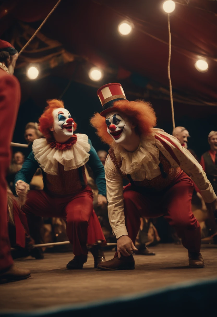 “A chaotic picture of a circus with clowns joking with each other.”