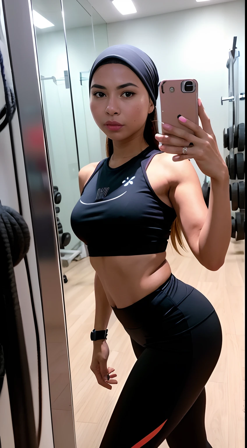 Illustrate the Malay girl's dedication to fitness with a workout selfie in sleek activewear, capturing her determination and petite physique as she captures her exercise routine
